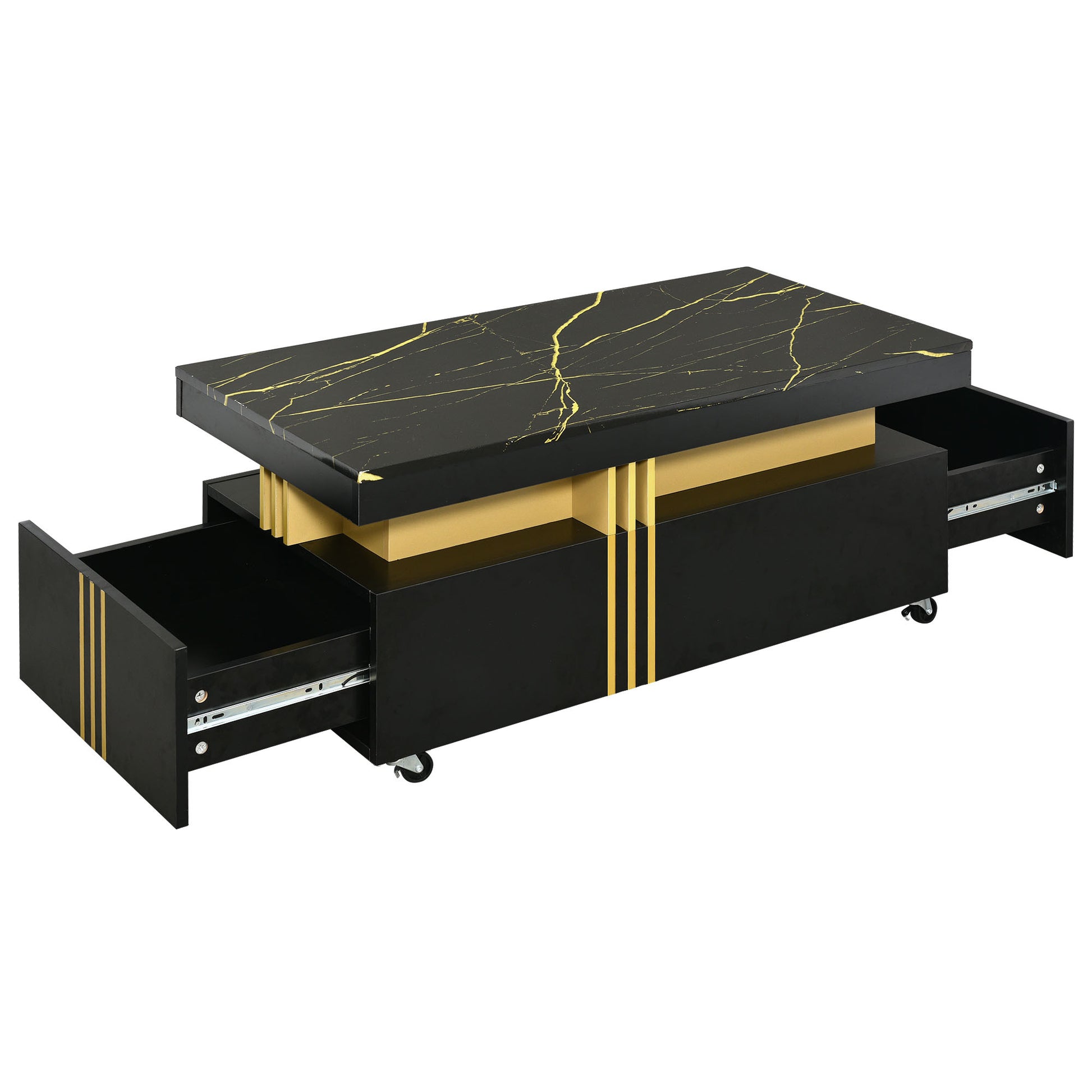 Contemporary Coffee Table With Faux Marble Top, Rectangle Cocktail Table With Caster Wheels, Moderate Luxury Center Table With Gold Metal Bars For Living Room, Black Black Casters Or Wheels Primary Living Space Freestanding Rectangular Drawers Coffee &