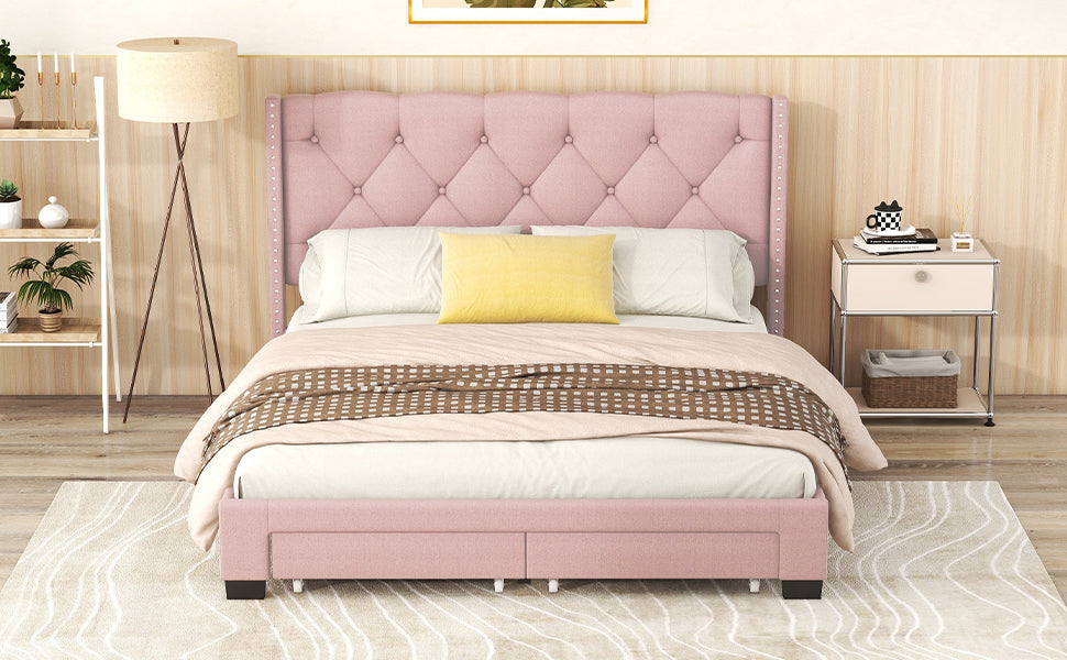 Queen Size Storage Bed Linen Upholstered Platform Bed With Two Drawers Pink Queen Pink Upholstered