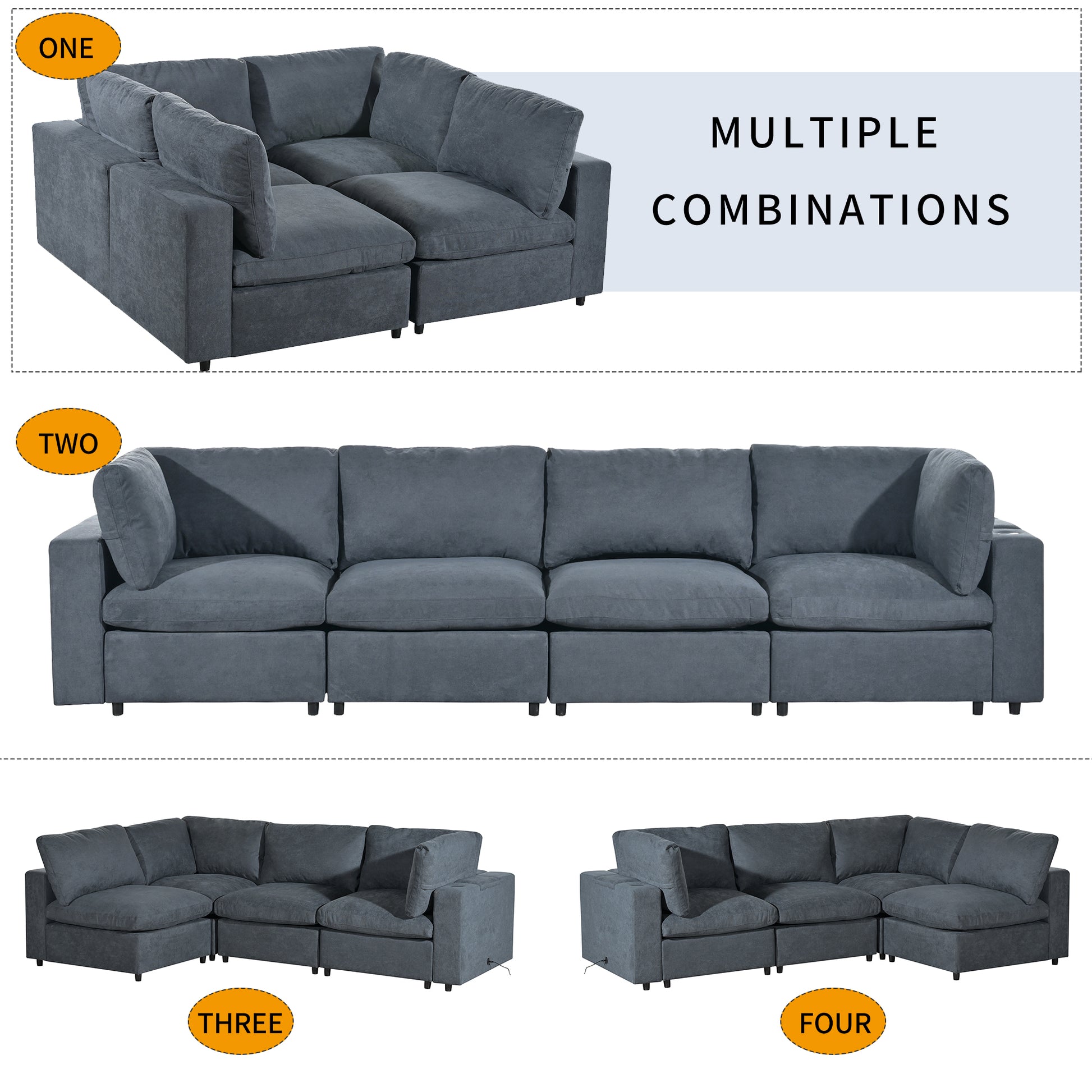 Upholstered Modular Sofa With Usb Charge Ports,Wireless Charging And Built In Bluetooth Speaker In Arm,Sectional Sofa For Living Room Apartment 4 Seater Gray Polyester 4 Seat