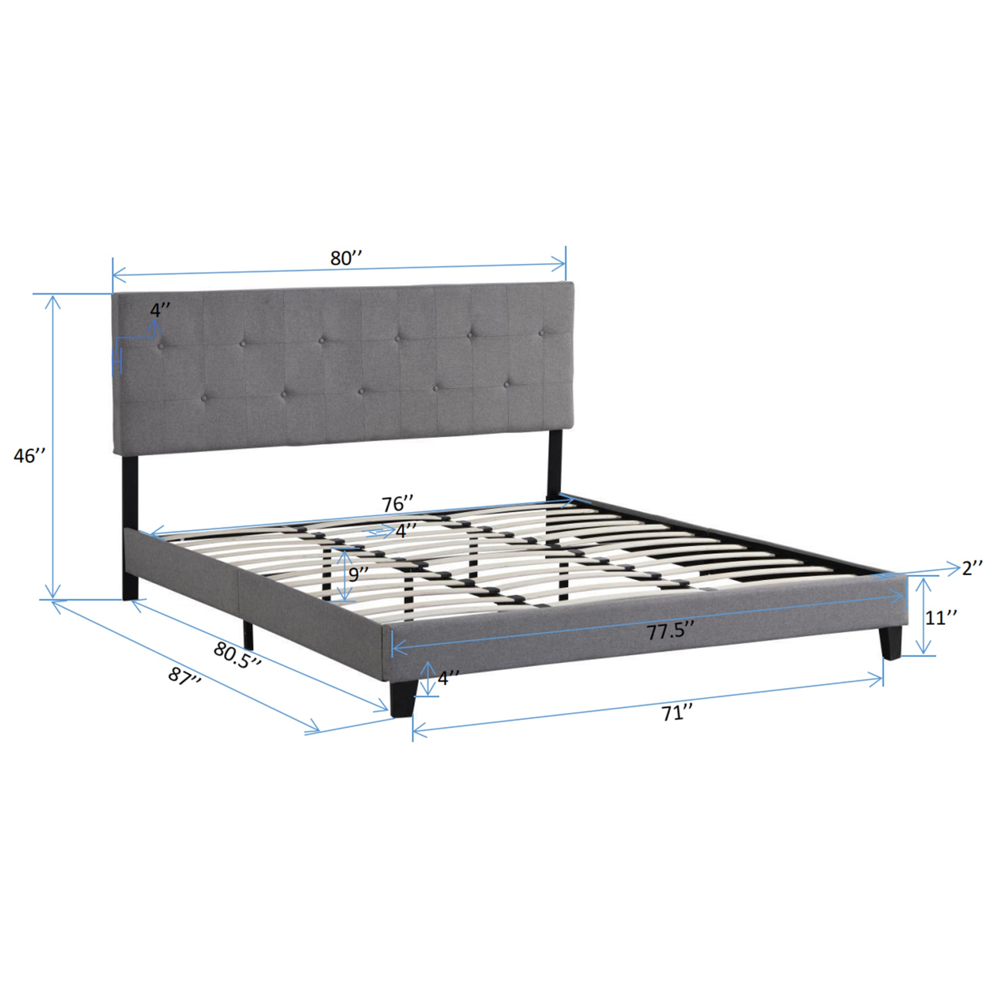 King Size Upholstered Platform Bed Frame With Button Tufted Linen Fabric Headboard, No Box Spring Needed, Wood Slat Support, Easy Assembly, Gray Grey Fabric