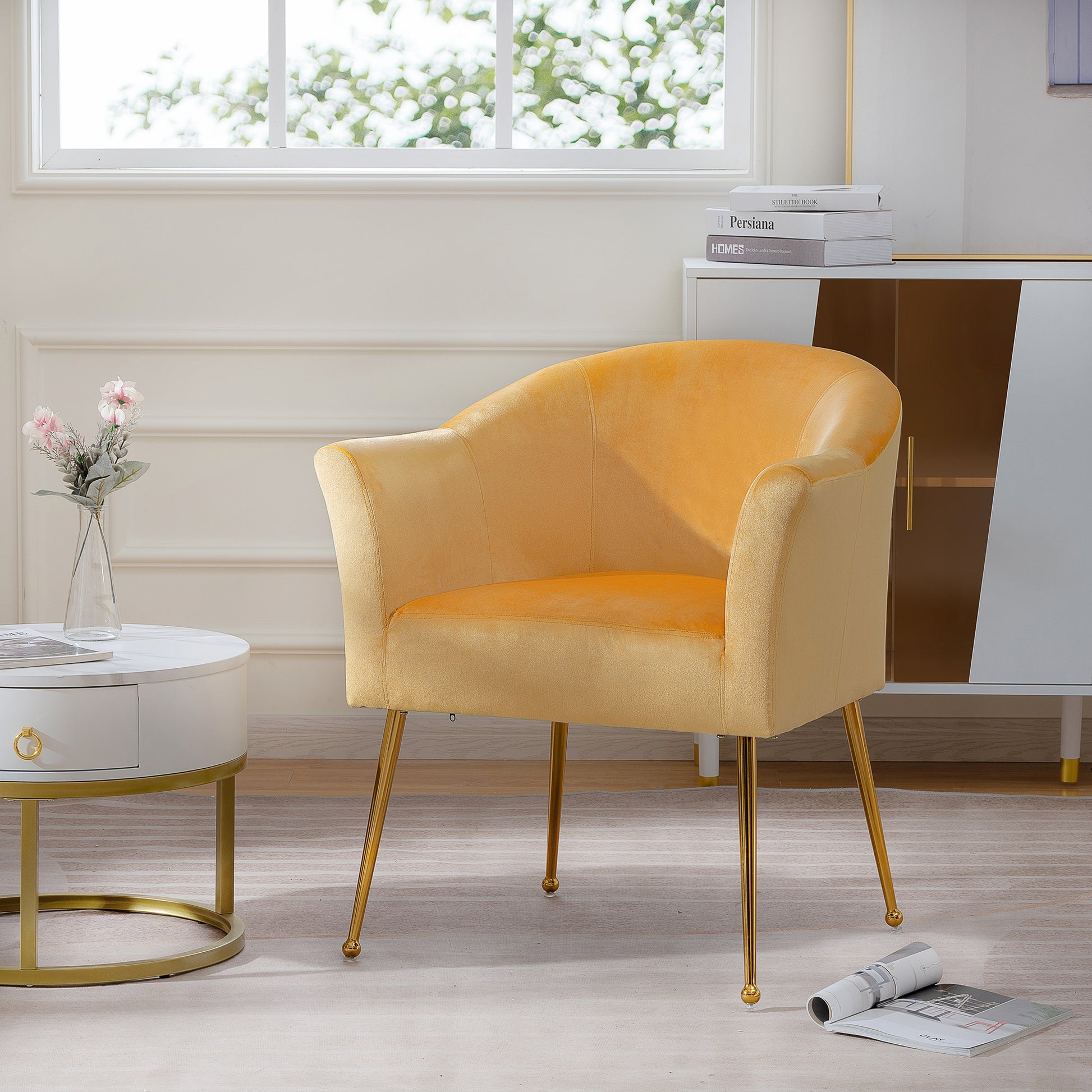 Velvet Accent Chair With Wood Frame, Modern Armchair Club Leisure Chair With Gold Metal Legs, Single Reading Chair For Living Room Bedroom Office Hotel Apartments Yellow Polyester Polyester