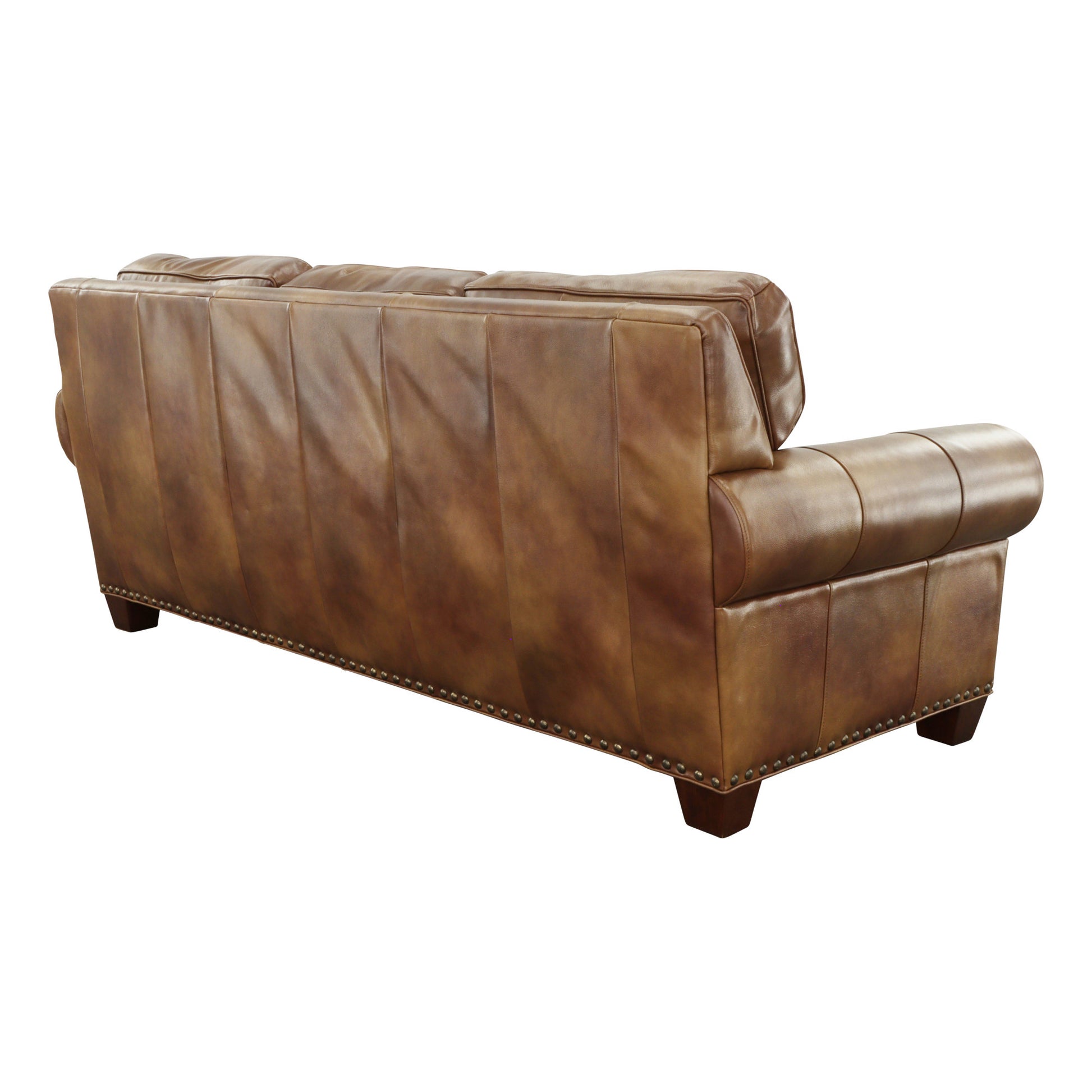 Rustic Styled Leather Sofa Premium Construction, Top Grain Leather Eight Way Hand Tied Springs, Nail Head Trim, Contrasting Pillows Tan Foam Leather 3 Seat