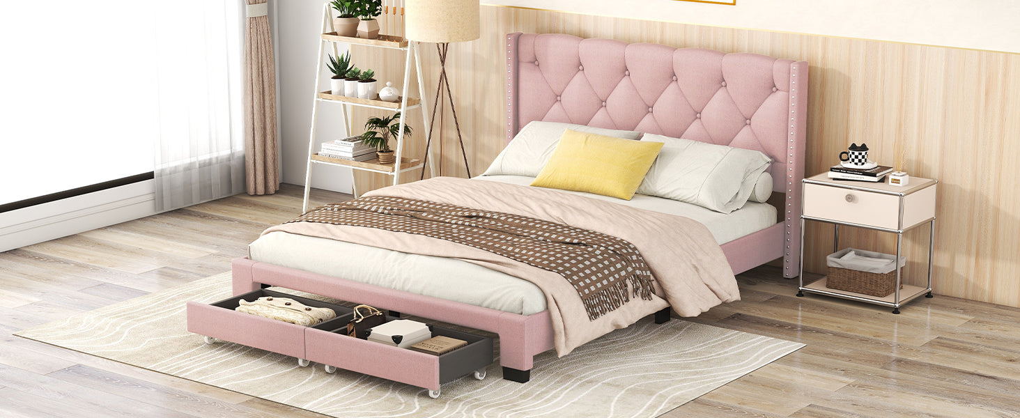 Queen Size Storage Bed Linen Upholstered Platform Bed With Two Drawers Pink Queen Pink Upholstered
