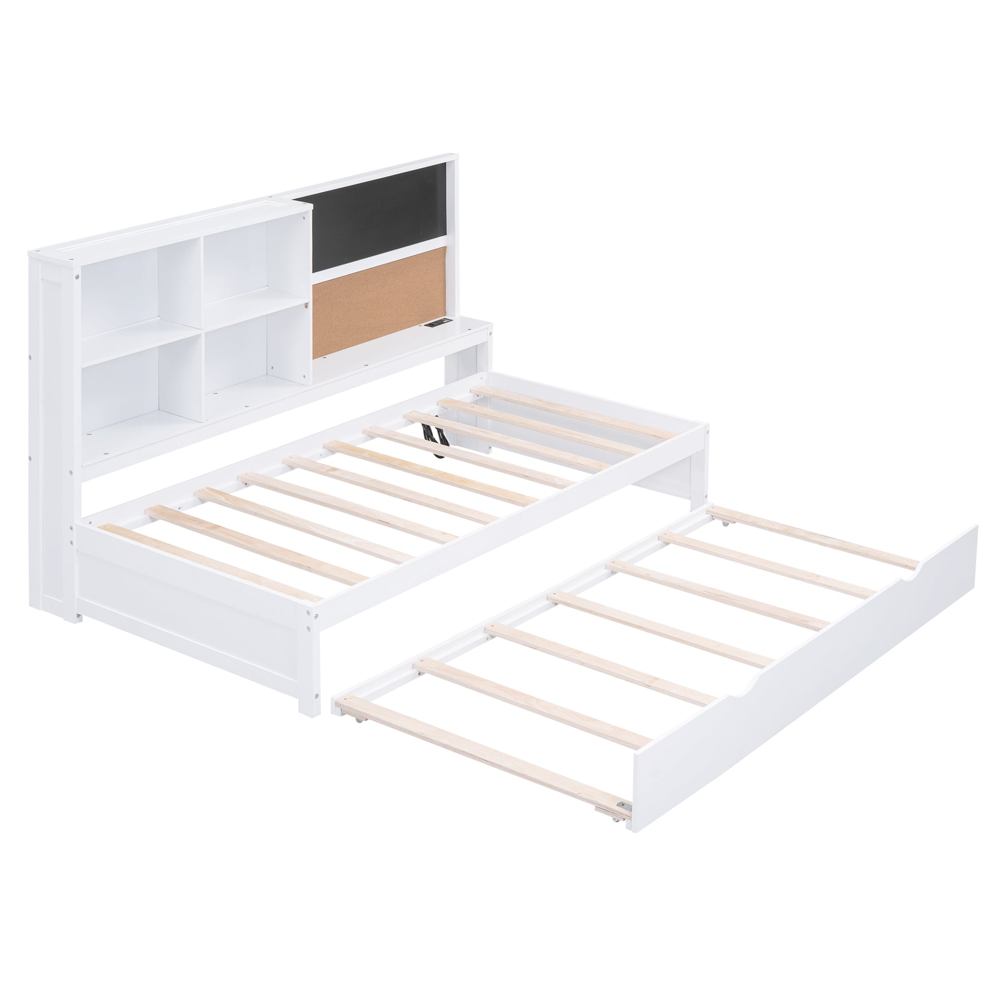 Twin Size Daybed With Storage Shelves, Blackboard, Cork Board, Usb Ports And Twin Size Trundle, White Box Spring Not Required Twin White Wood Pine Daybeds Solid Wood Mdf