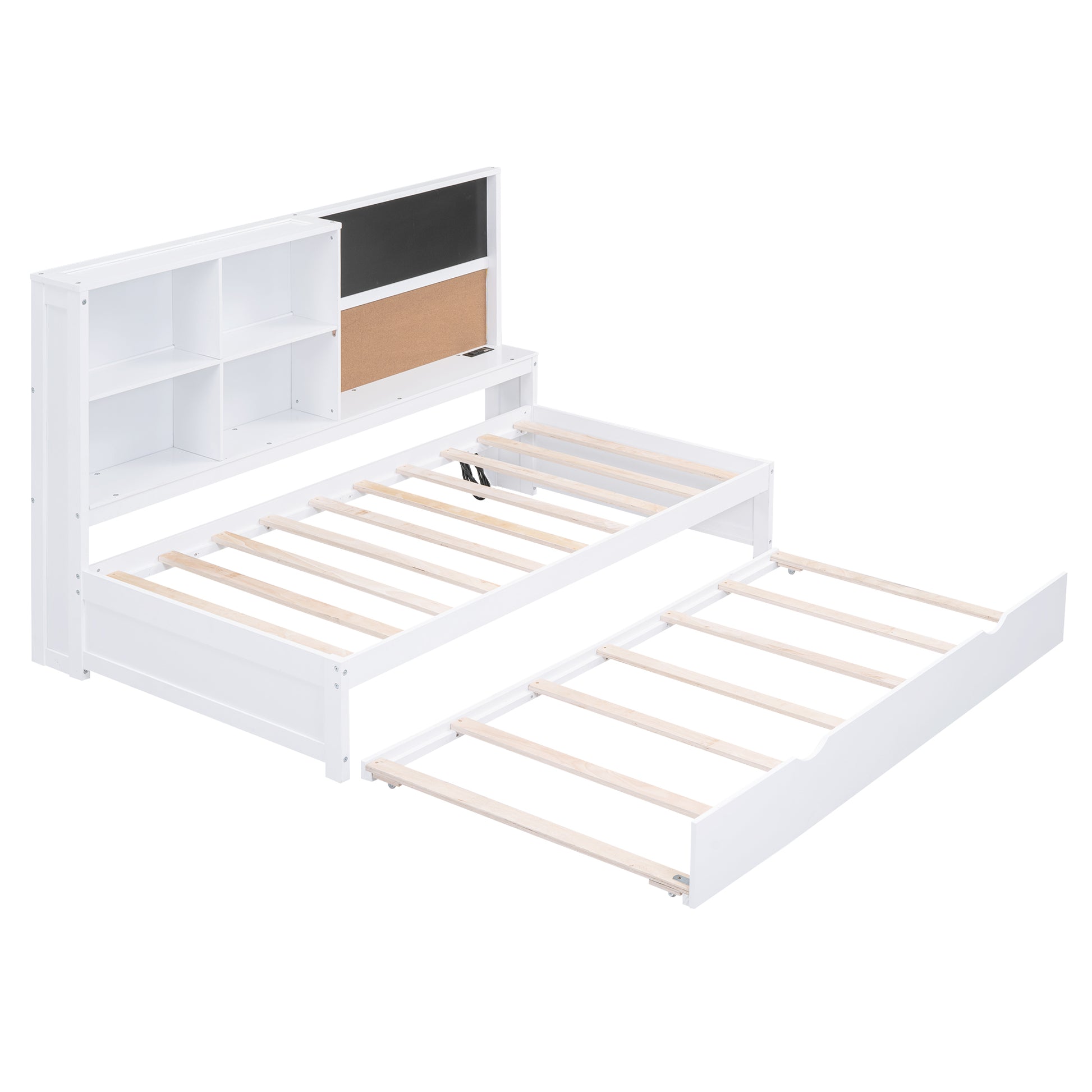 Twin Size Daybed With Storage Shelves, Blackboard, Cork Board, Usb Ports And Twin Size Trundle, White Box Spring Not Required Twin White Wood Pine Daybeds Solid Wood Mdf