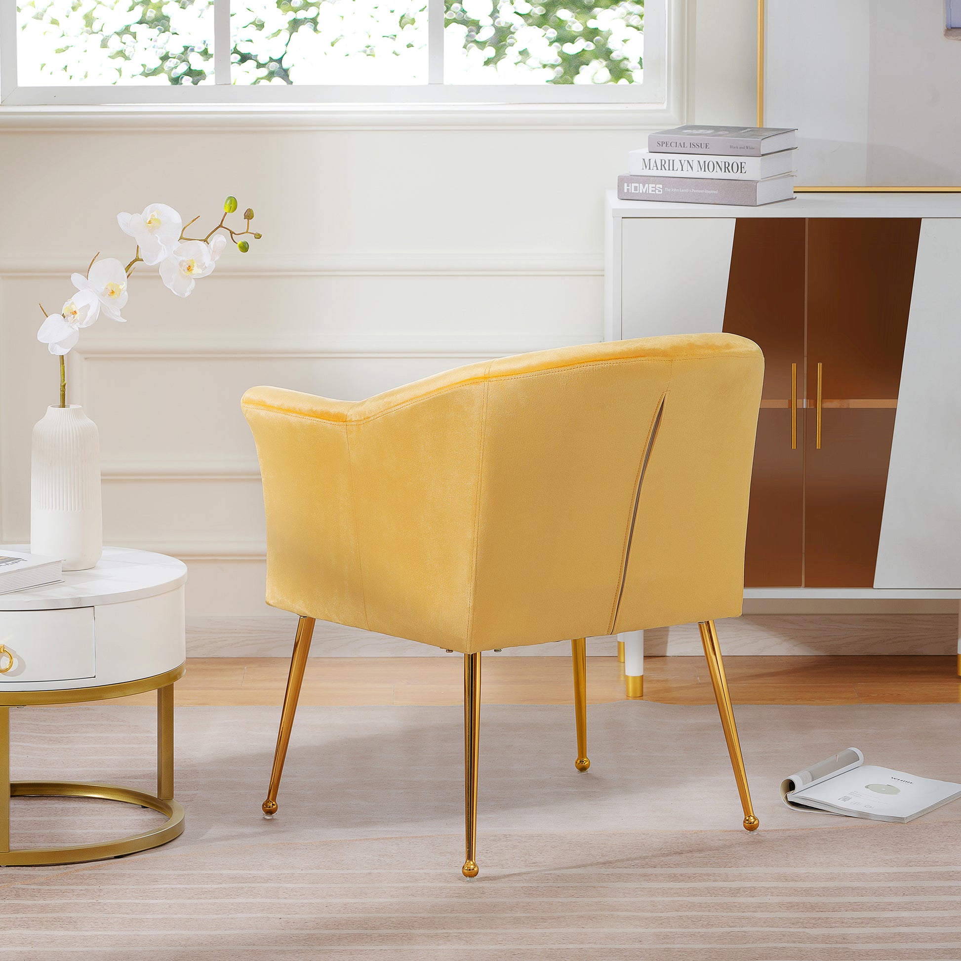 Velvet Accent Chair With Wood Frame, Modern Armchair Club Leisure Chair With Gold Metal Legs, Single Reading Chair For Living Room Bedroom Office Hotel Apartments Yellow Polyester Polyester