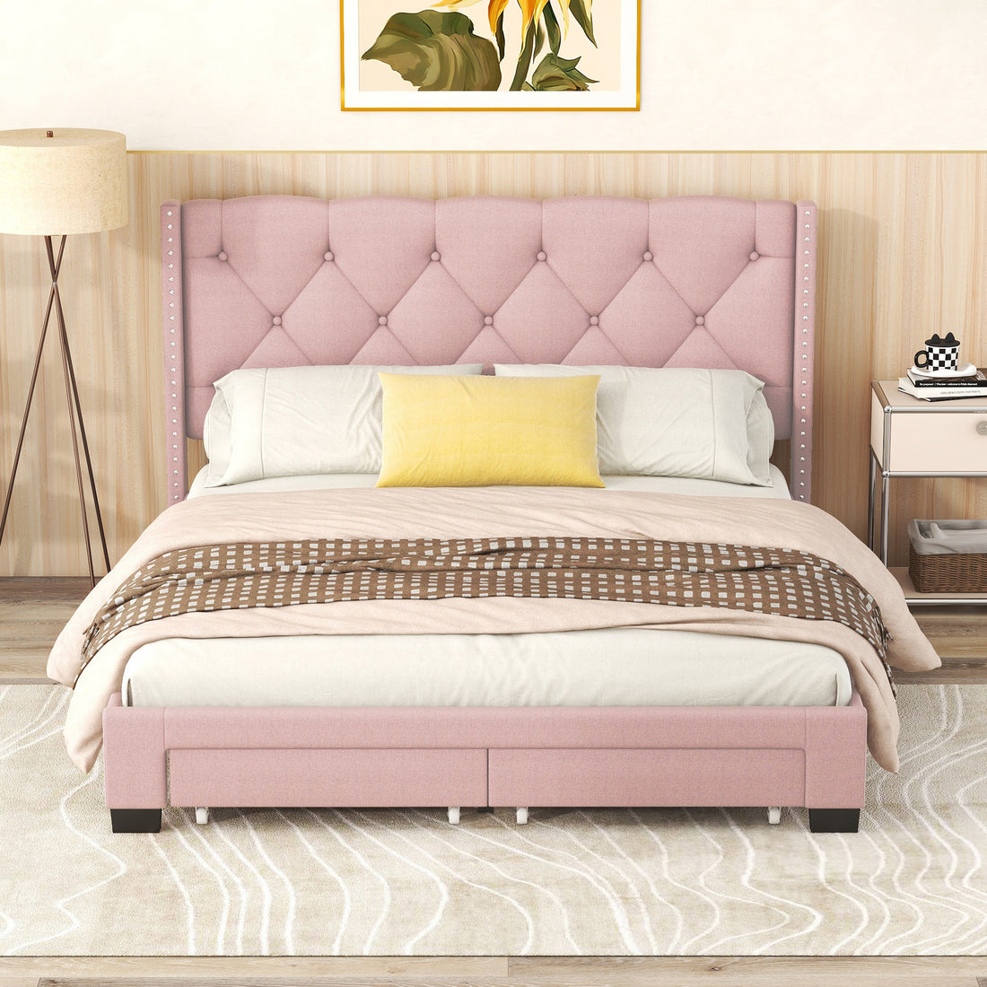 Queen Size Storage Bed Linen Upholstered Platform Bed With Two Drawers Pink Queen Pink Upholstered
