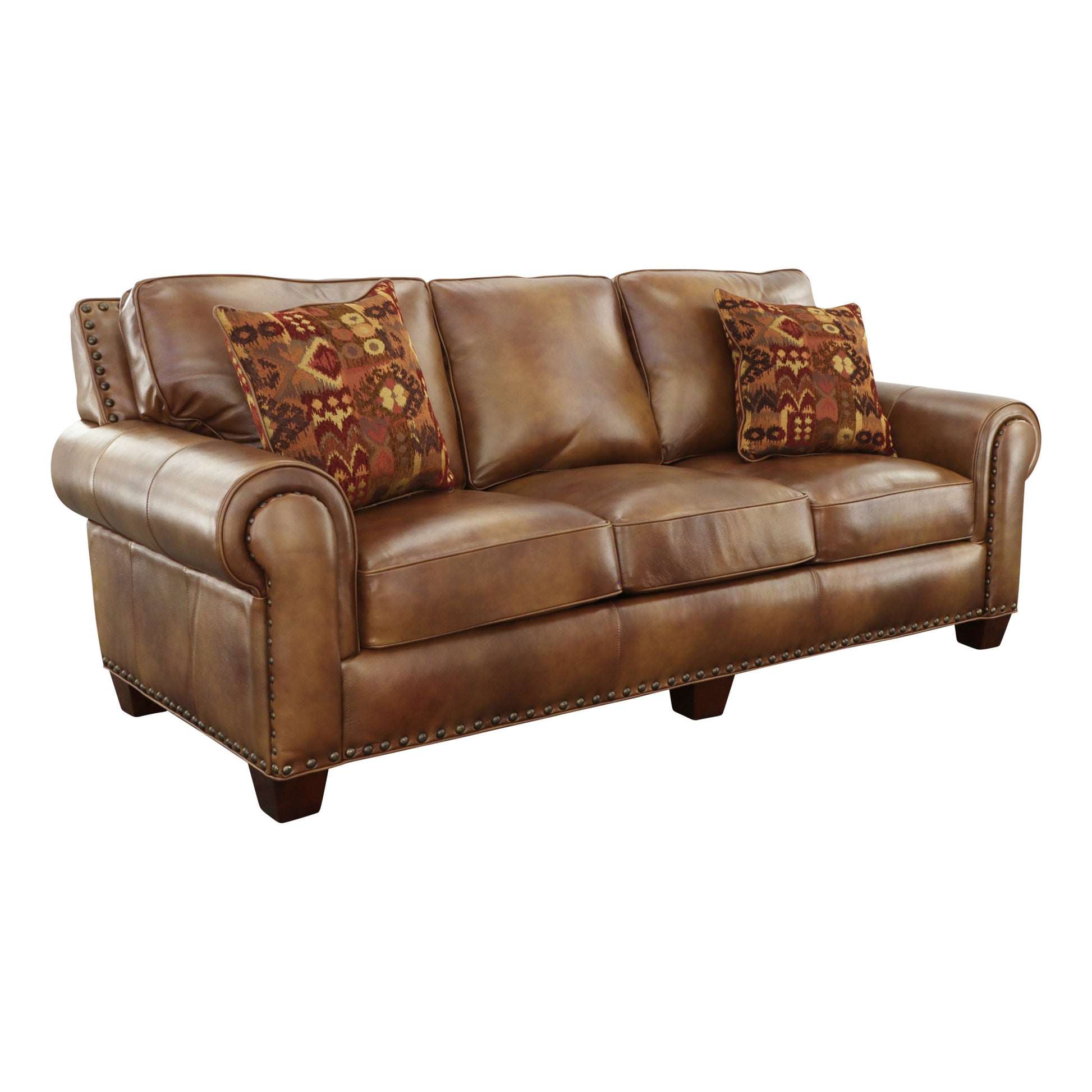 Rustic Styled Leather Sofa Premium Construction, Top Grain Leather Eight Way Hand Tied Springs, Nail Head Trim, Contrasting Pillows Tan Foam Leather 3 Seat