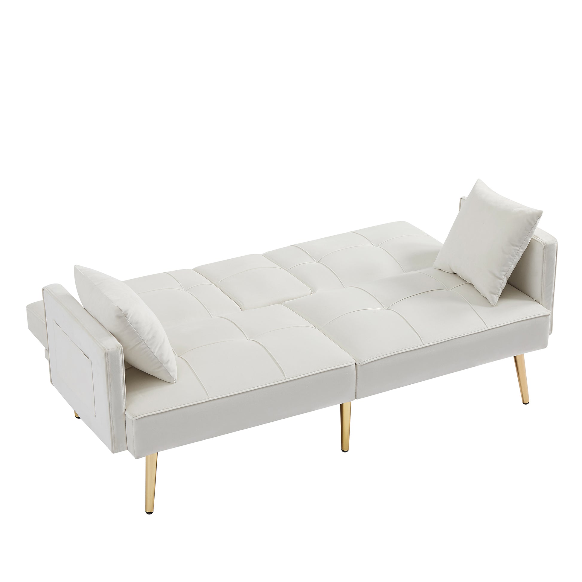 Cream White Velvet Futon Sofa Bed With Gold Metal Legs Cream White Velvet Wood Tufted Back Eucalyptus Square Arms Foam Velvet 2 Seat