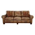 Rustic Styled Leather Sofa Premium Construction, Top Grain Leather Eight Way Hand Tied Springs, Nail Head Trim, Contrasting Pillows Tan Foam Leather 3 Seat