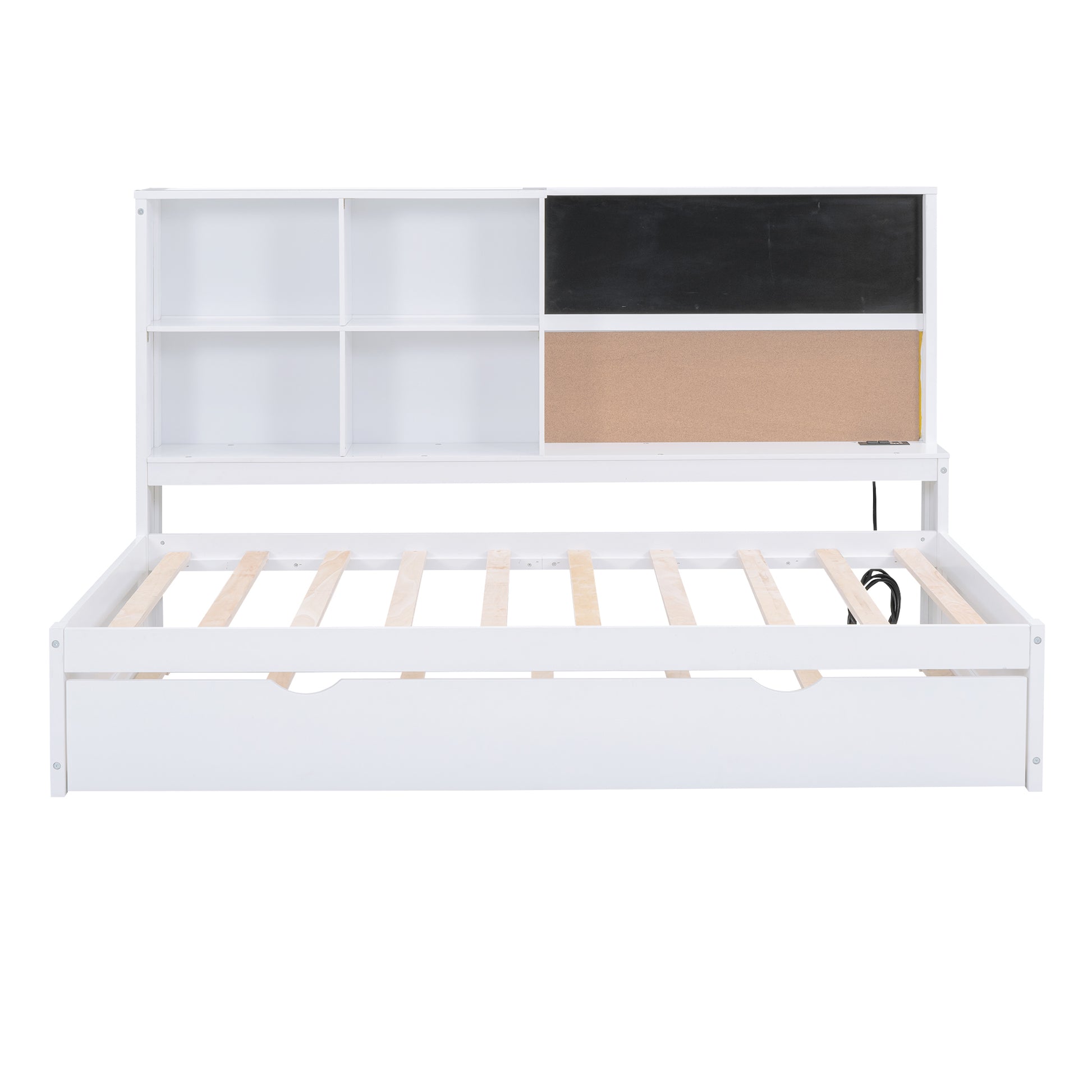 Twin Size Daybed With Storage Shelves, Blackboard, Cork Board, Usb Ports And Twin Size Trundle, White Box Spring Not Required Twin White Wood Pine Daybeds Solid Wood Mdf