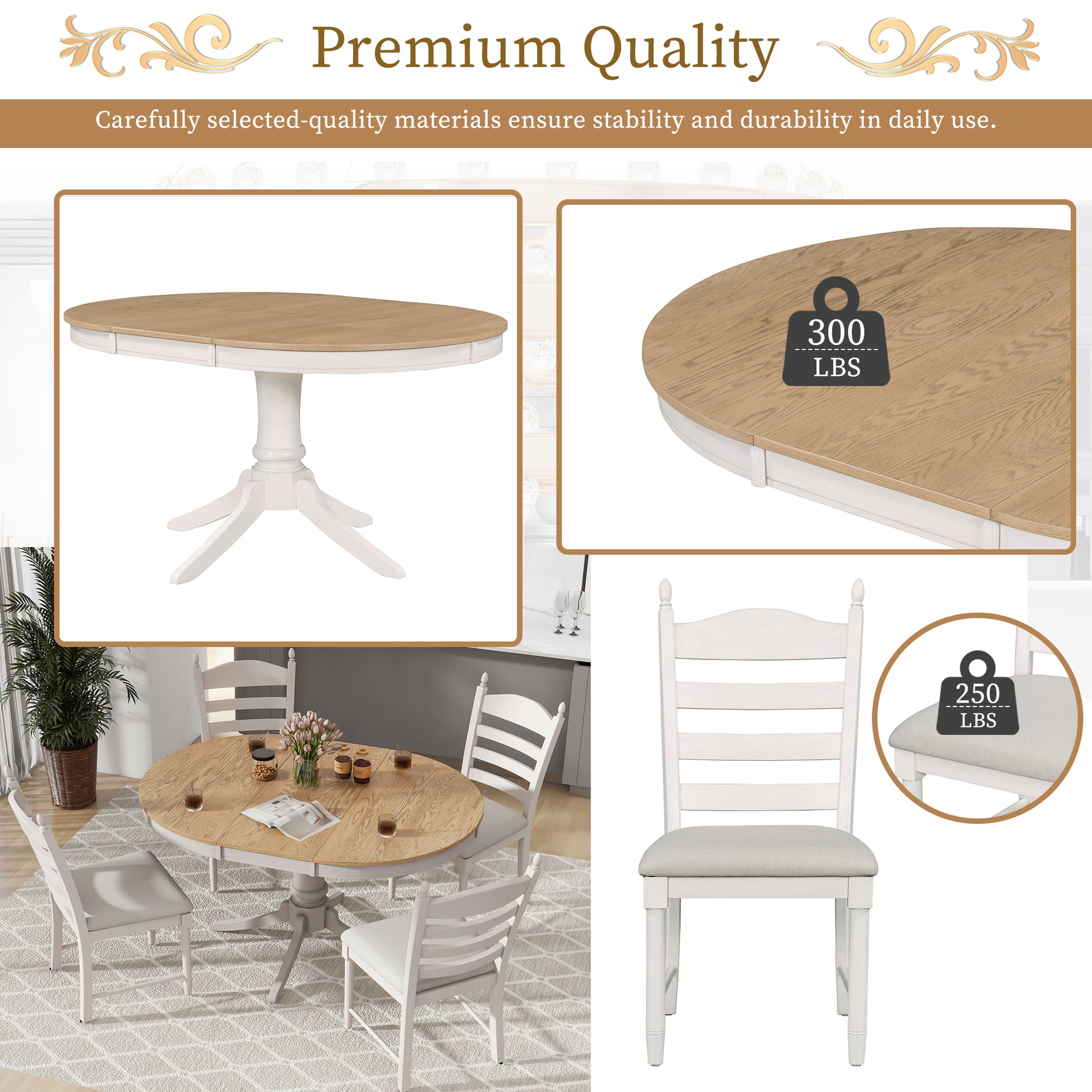 5 Piece Retro Functional Dining Table Set Wood Round Extendable Dining Table And 4 Upholstered Dining Chairs Off White Off White Solid Wood