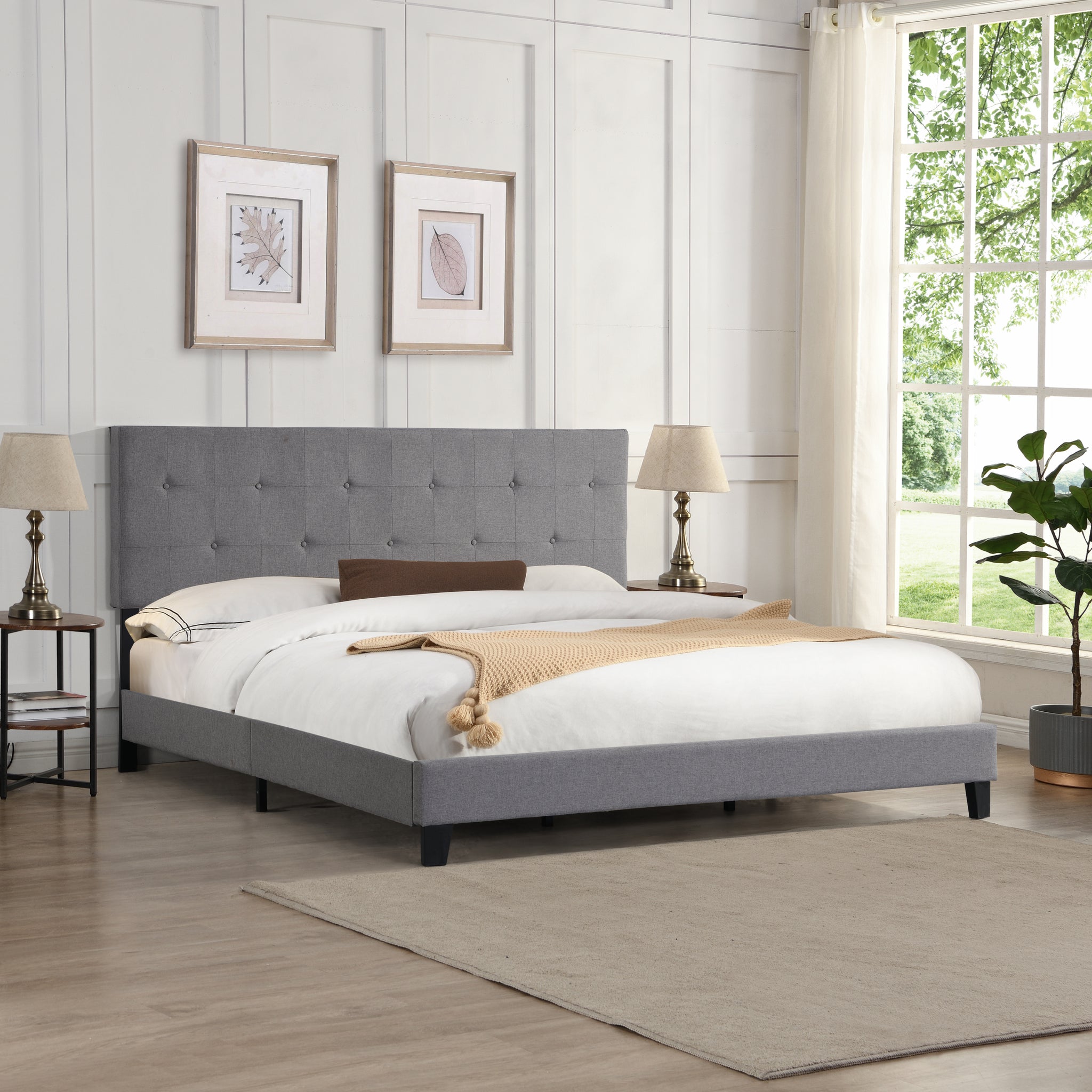 King Size Upholstered Platform Bed Frame with Button grey-fabric