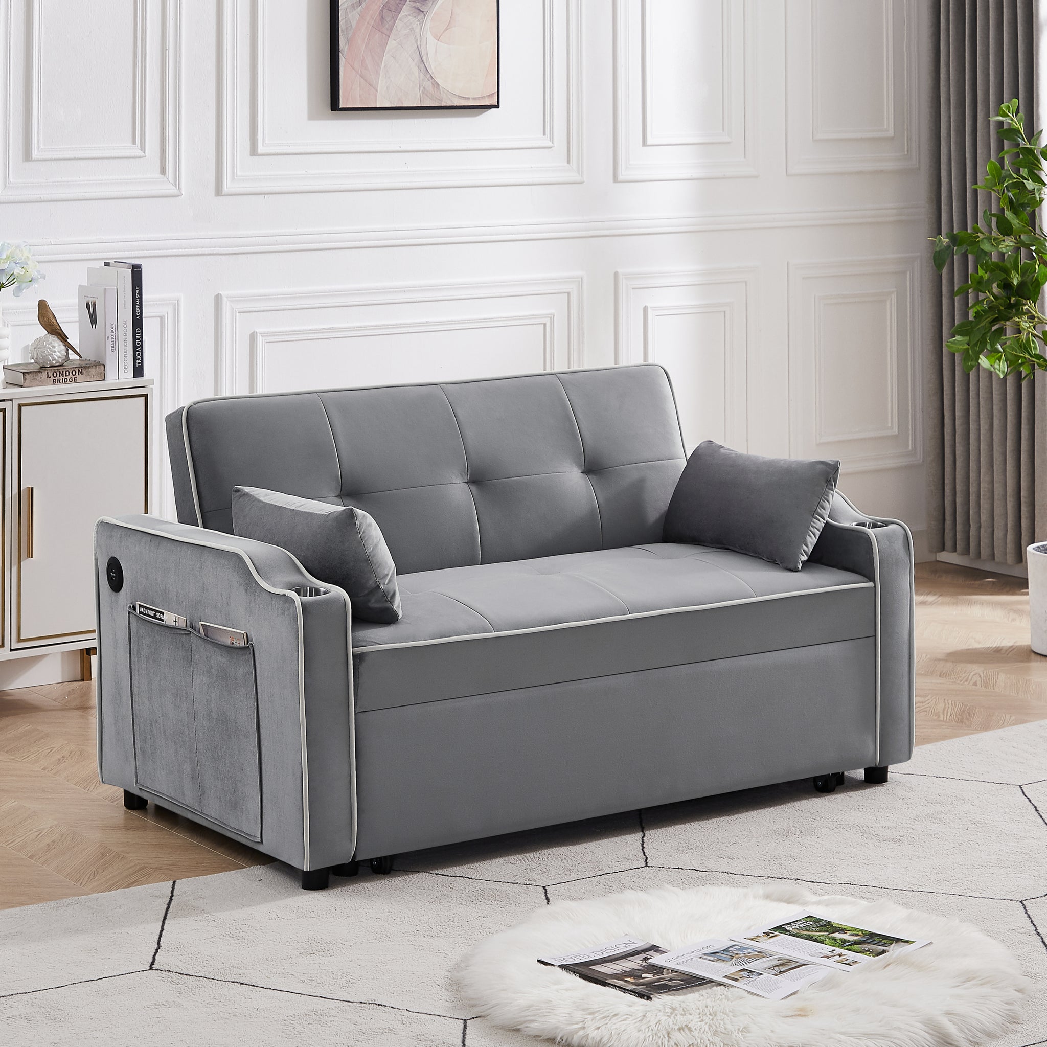 Sofa Bed, 3 in 1 Convertible Sofa Chair Bed gray-velvet