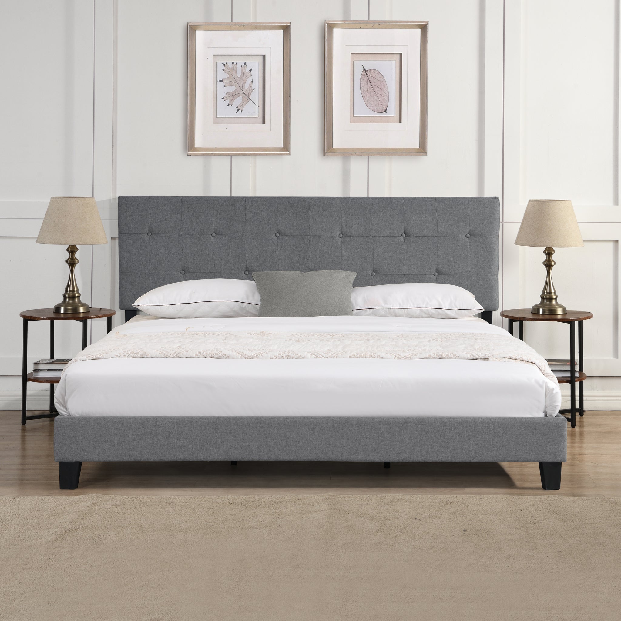 King Size Upholstered Platform Bed Frame with Button grey-fabric