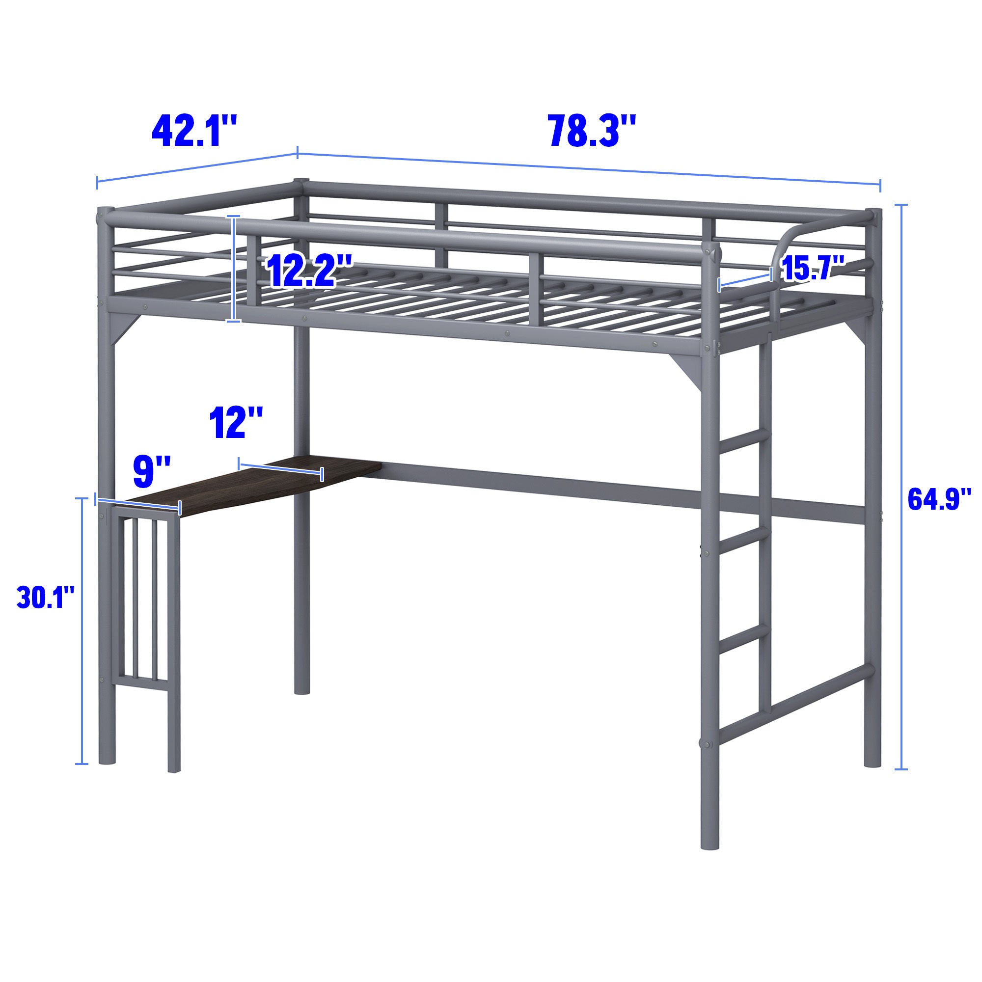 Twin Metal loft Bed with Desk, Ladder and Guardrails silver-metal