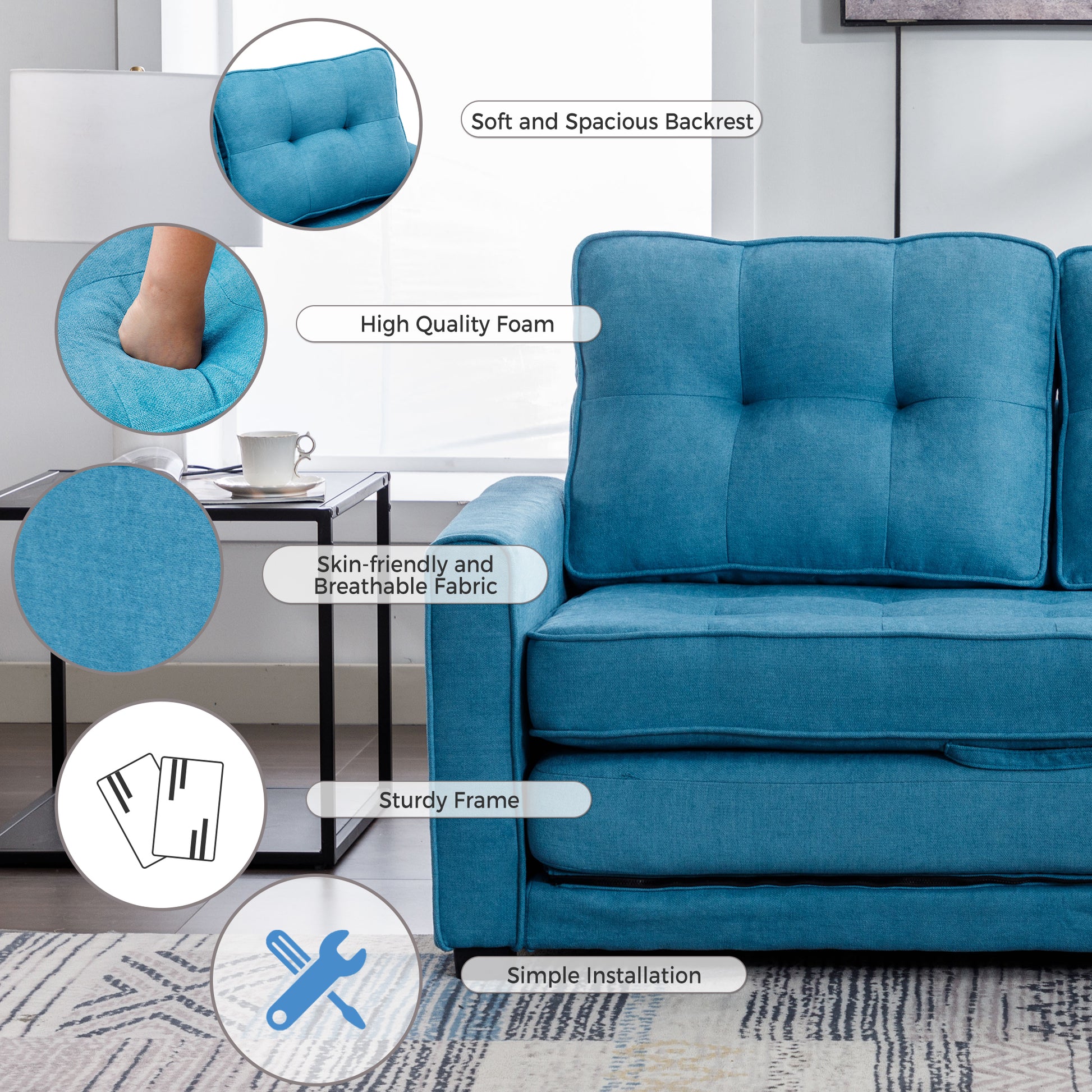 59.4" Loveseat Sofa With Pull Out Bed Modern Upholstered Couch With Side Pocket For Living Room Office, Blue Blue Chenille