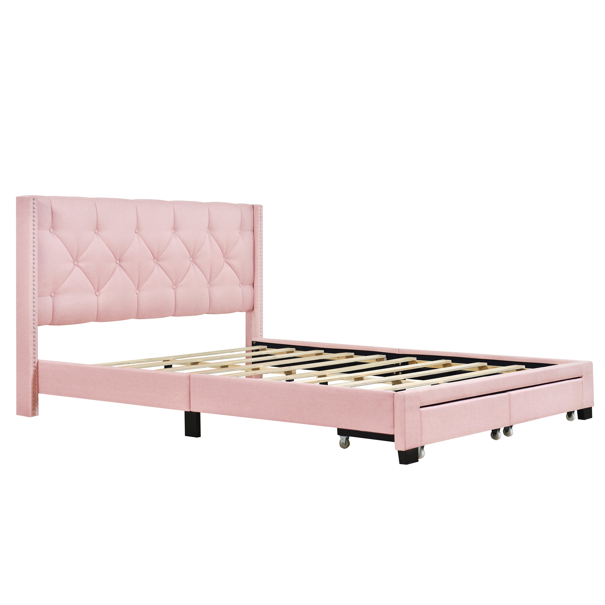 Queen Size Storage Bed Linen Upholstered Platform Bed With Two Drawers Pink Queen Pink Upholstered