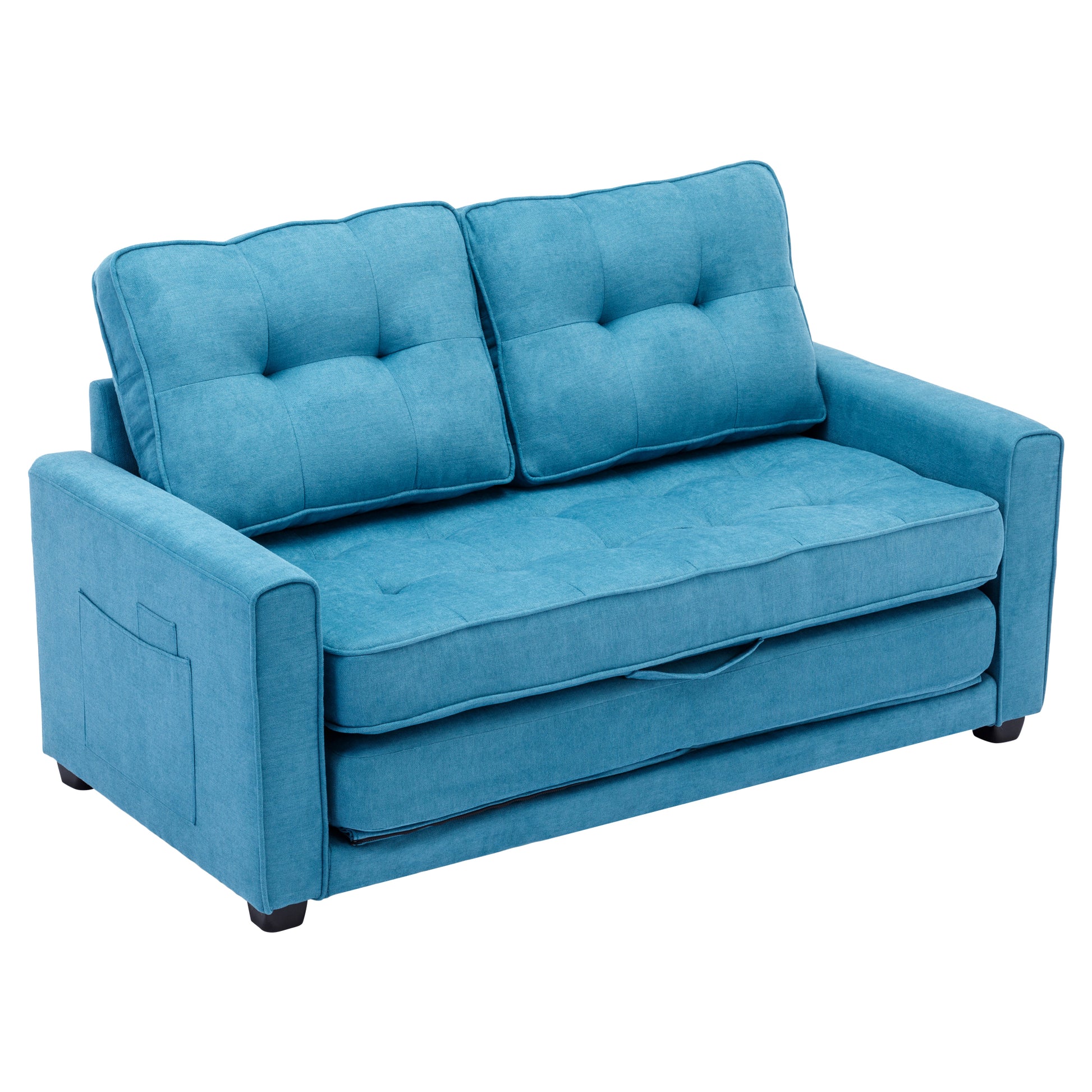 59.4" Loveseat Sofa With Pull Out Bed Modern Upholstered Couch With Side Pocket For Living Room Office, Blue Blue Chenille