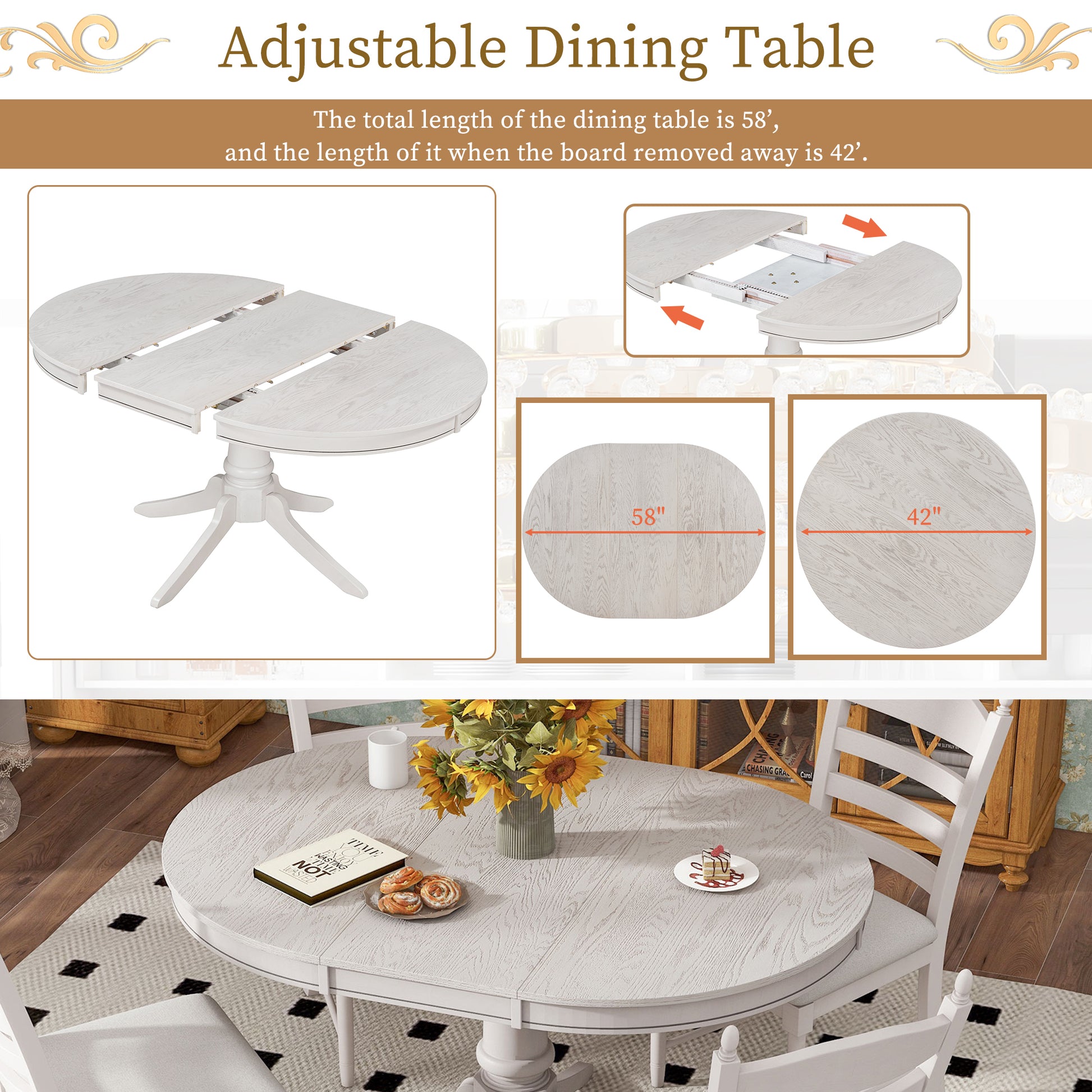 5 Piece Retro Functional Dining Table Set Wood Round Extendable Dining Table And 4 Upholstered Dining Chairs Antique White Antique White Solid Wood