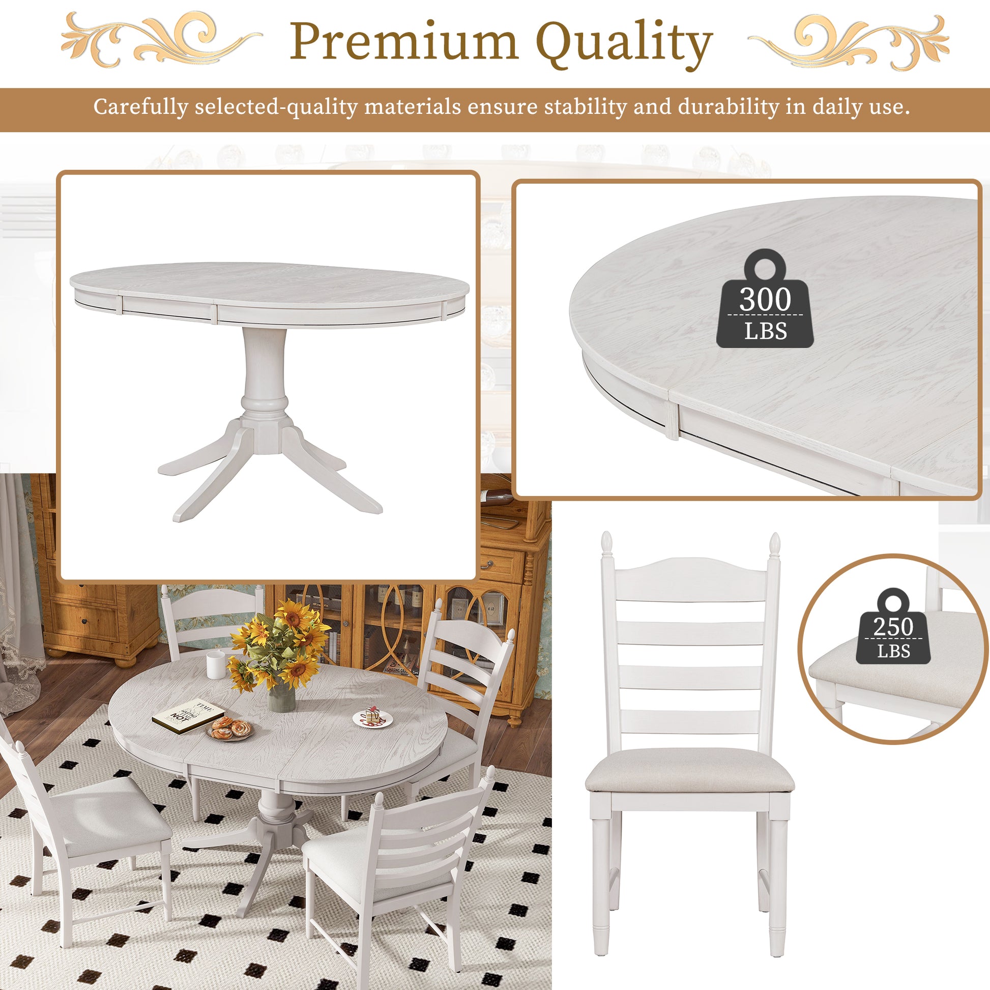 5 Piece Retro Functional Dining Table Set Wood Round Extendable Dining Table And 4 Upholstered Dining Chairs Antique White Antique White Solid Wood