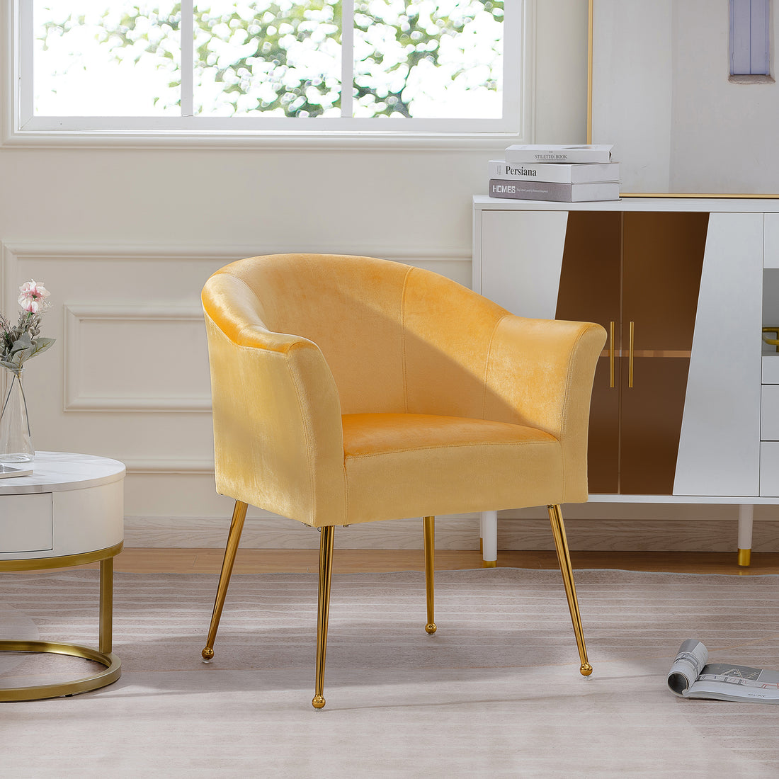 Velvet Accent Chair With Wood Frame, Modern Armchair Club Leisure Chair With Gold Metal Legs, Single Reading Chair For Living Room Bedroom Office Hotel Apartments Yellow Polyester Polyester