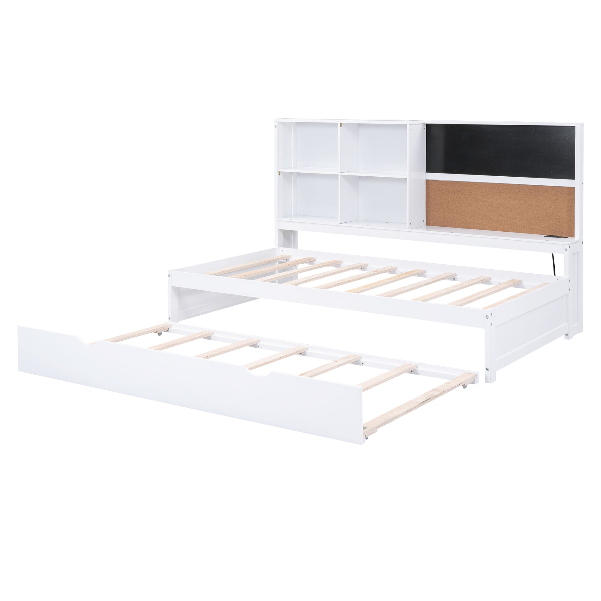 Twin Size Daybed With Storage Shelves, Blackboard, Cork Board, Usb Ports And Twin Size Trundle, White Box Spring Not Required Twin White Wood Pine Daybeds Solid Wood Mdf