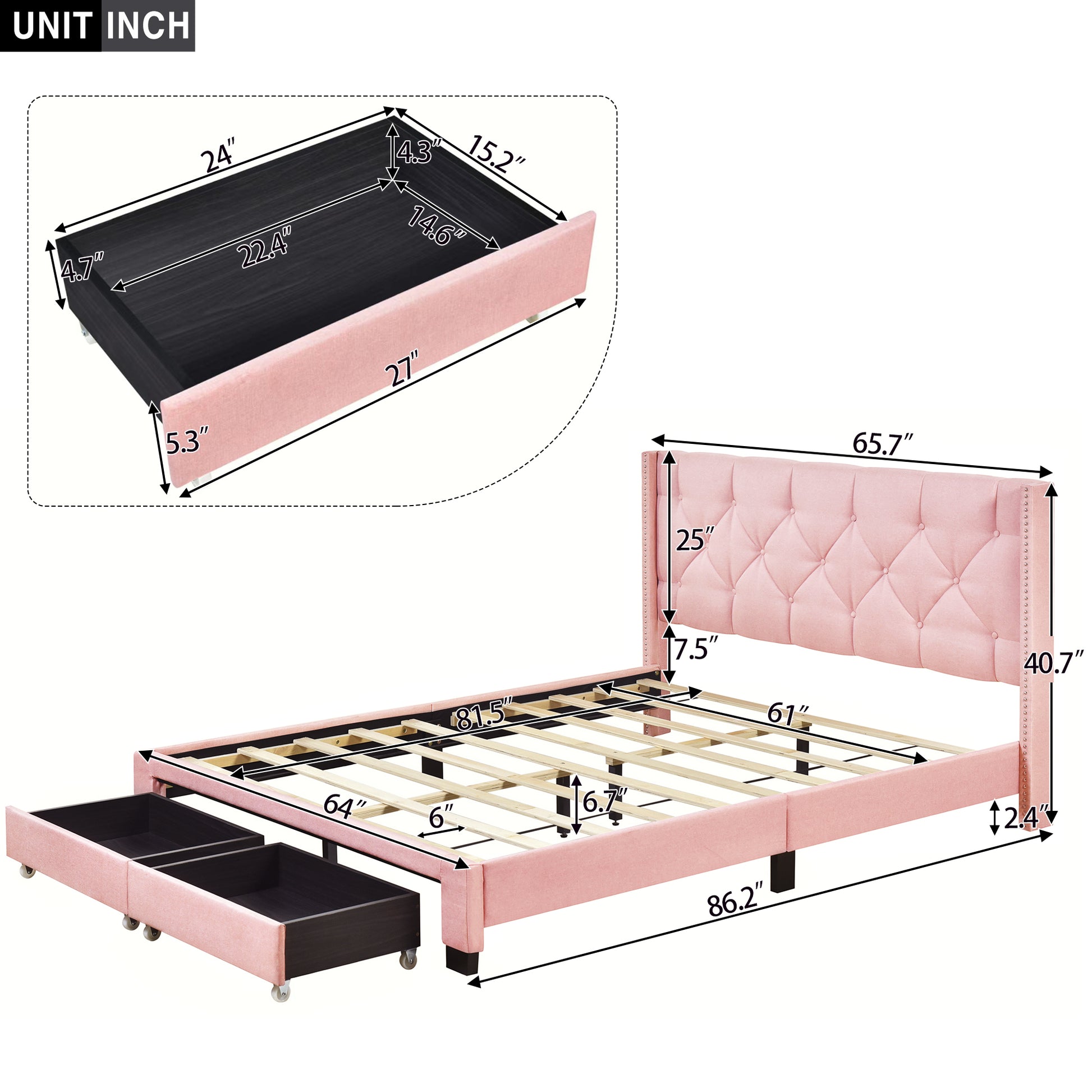 Queen Size Storage Bed Linen Upholstered Platform Bed With Two Drawers Pink Queen Pink Upholstered