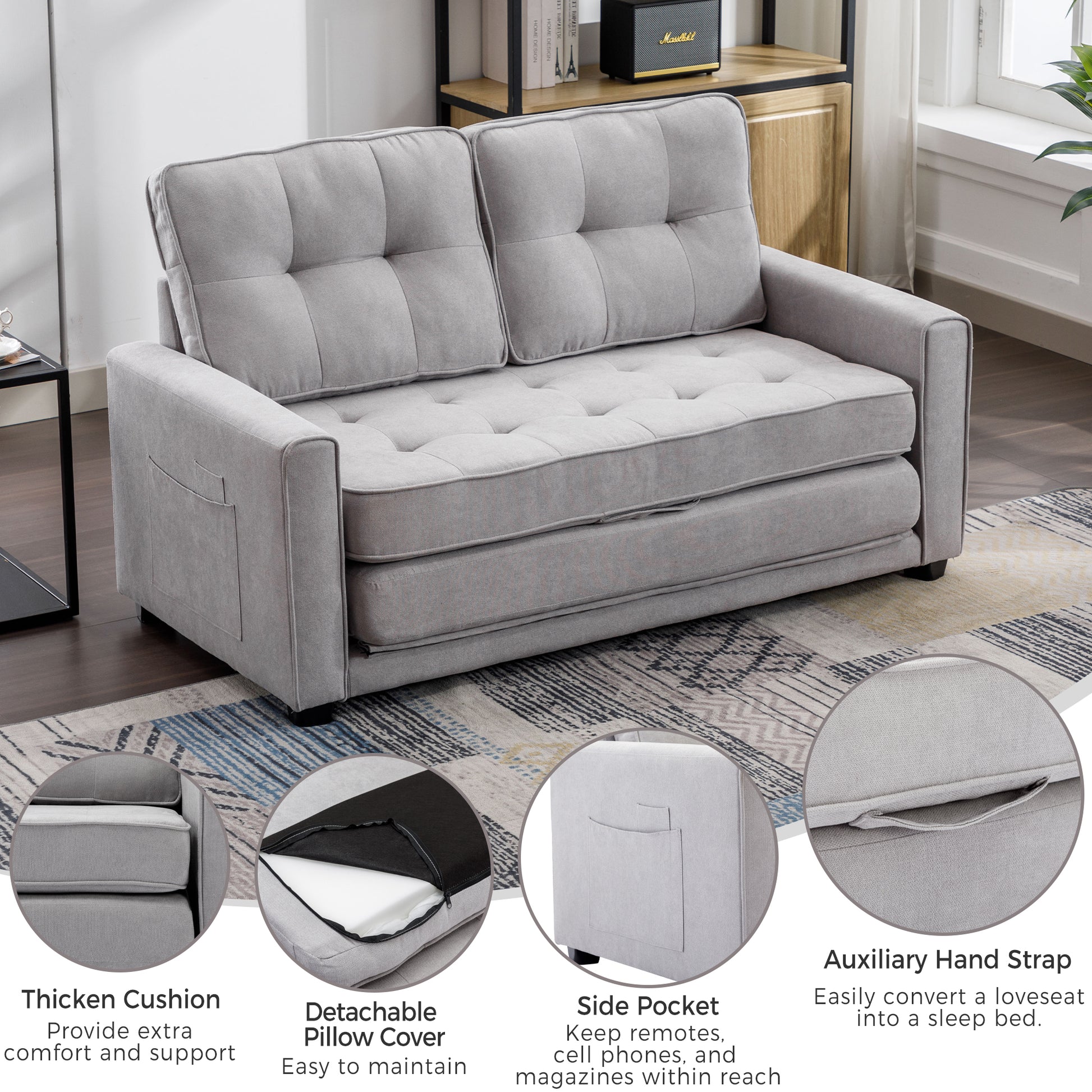 59.4" Loveseat Sofa With Pull Out Bed Modern Upholstered Couch With Side Pocket For Living Room Office, Grey Grey Chenille