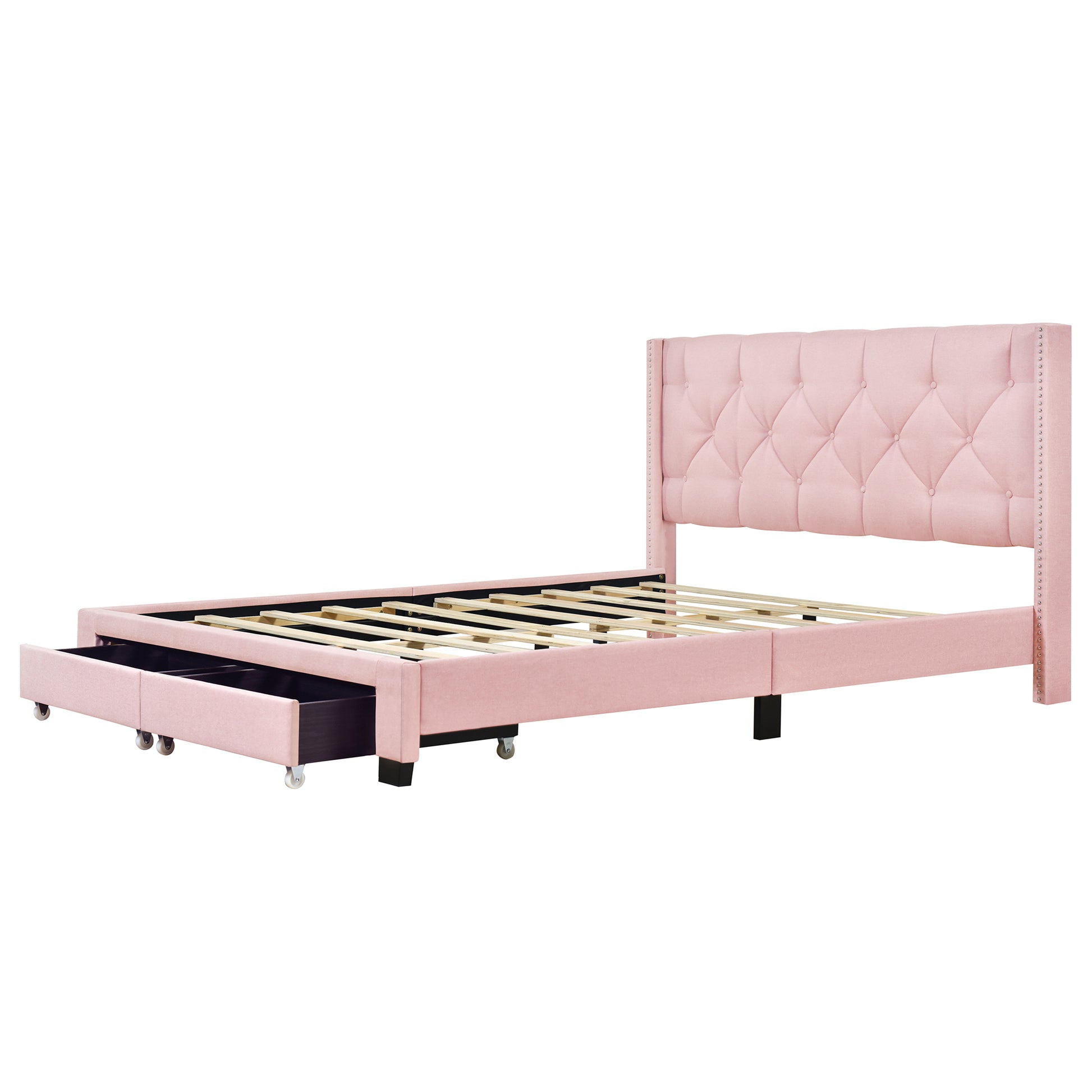 Queen Size Storage Bed Linen Upholstered Platform Bed With Two Drawers Pink Queen Pink Upholstered