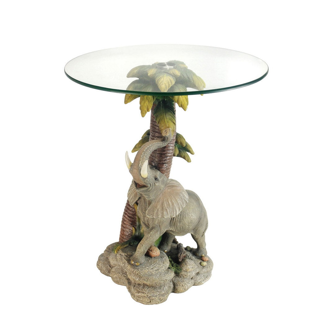 24" Tall Glass Top End Table, Polyresin Elephant Base Multicolor Polyresin