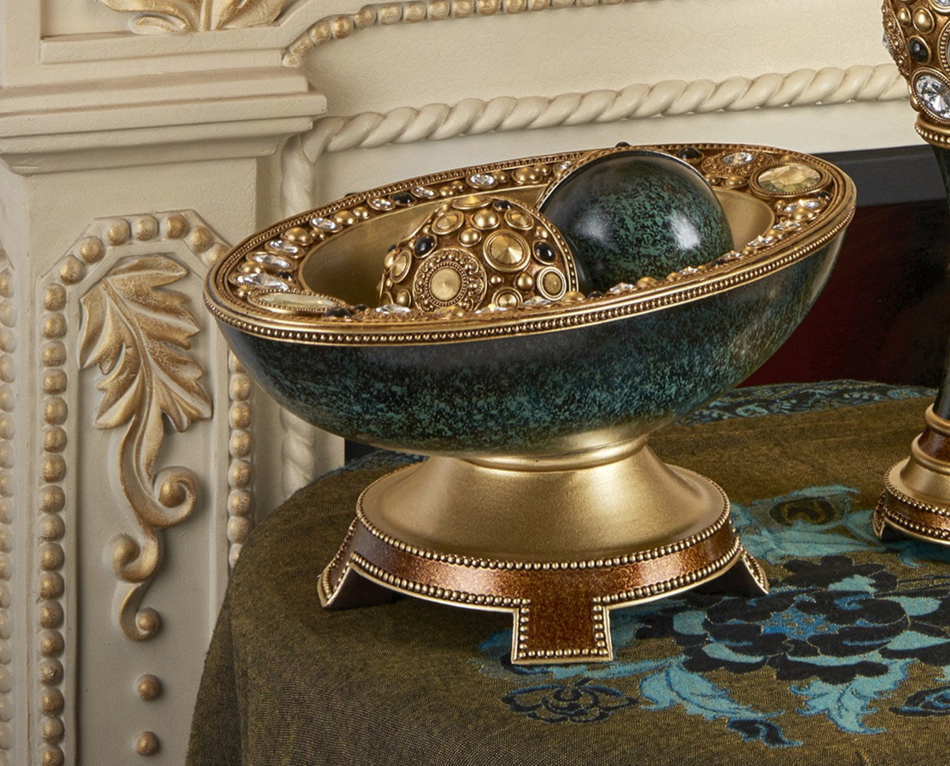 8.25" Tall "Sedona" Marbleized Footed Decorative Bowl, Green With Gold Accents Green Polyresin