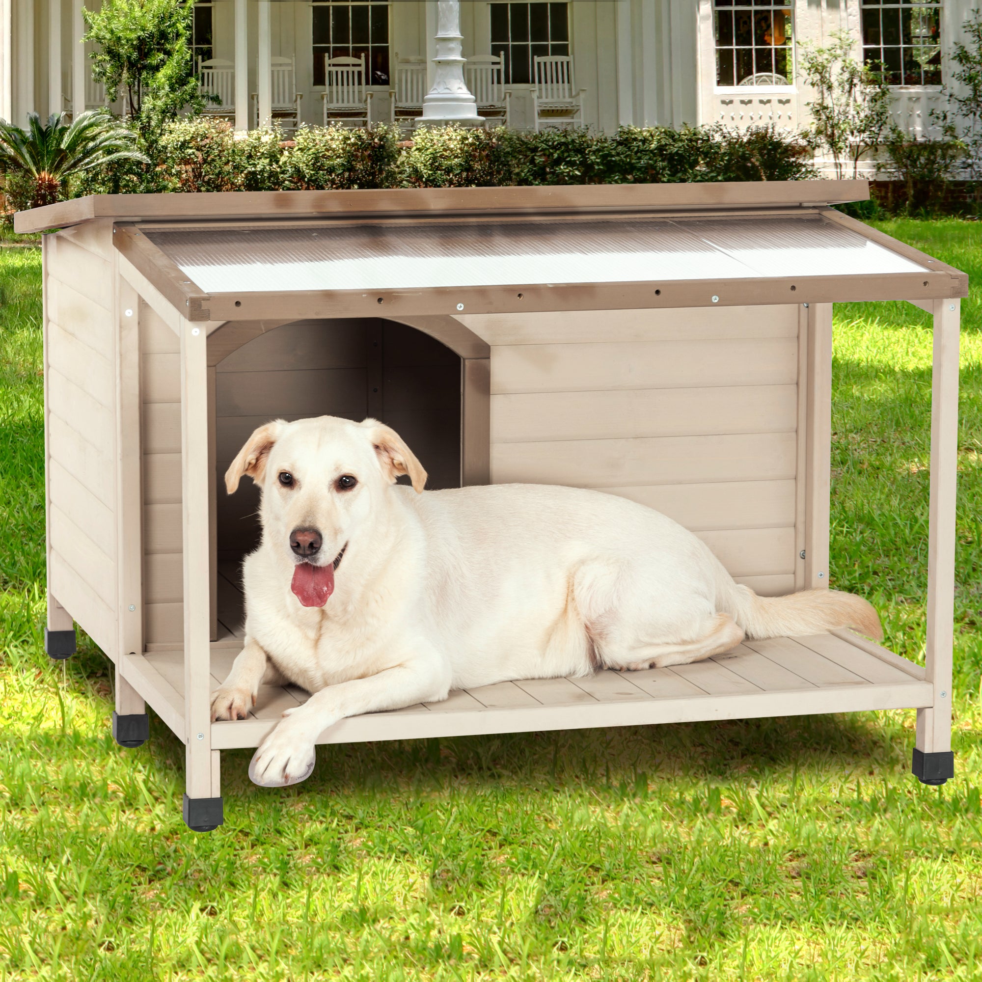 Outdoor Fir Wood Dog House With An Open Roof Ideal For Medium To Large