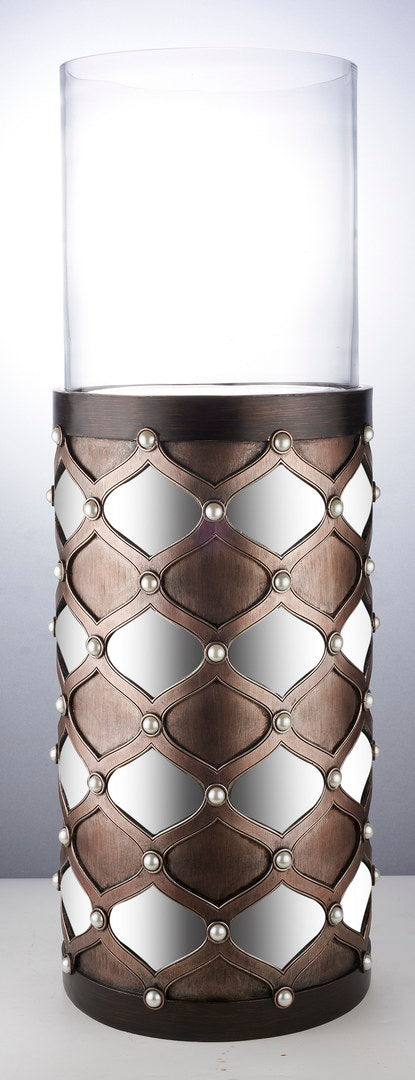 31" Tall Candleholder With Hurricane Glass, Arabesque Mirror Design Brown Polyresin
