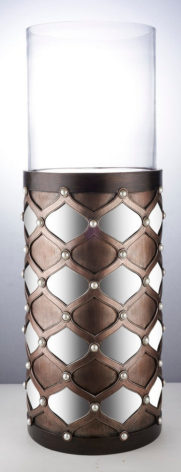 31" Tall Candleholder With Hurricane Glass, Arabesque Mirror Design Brown Polyresin