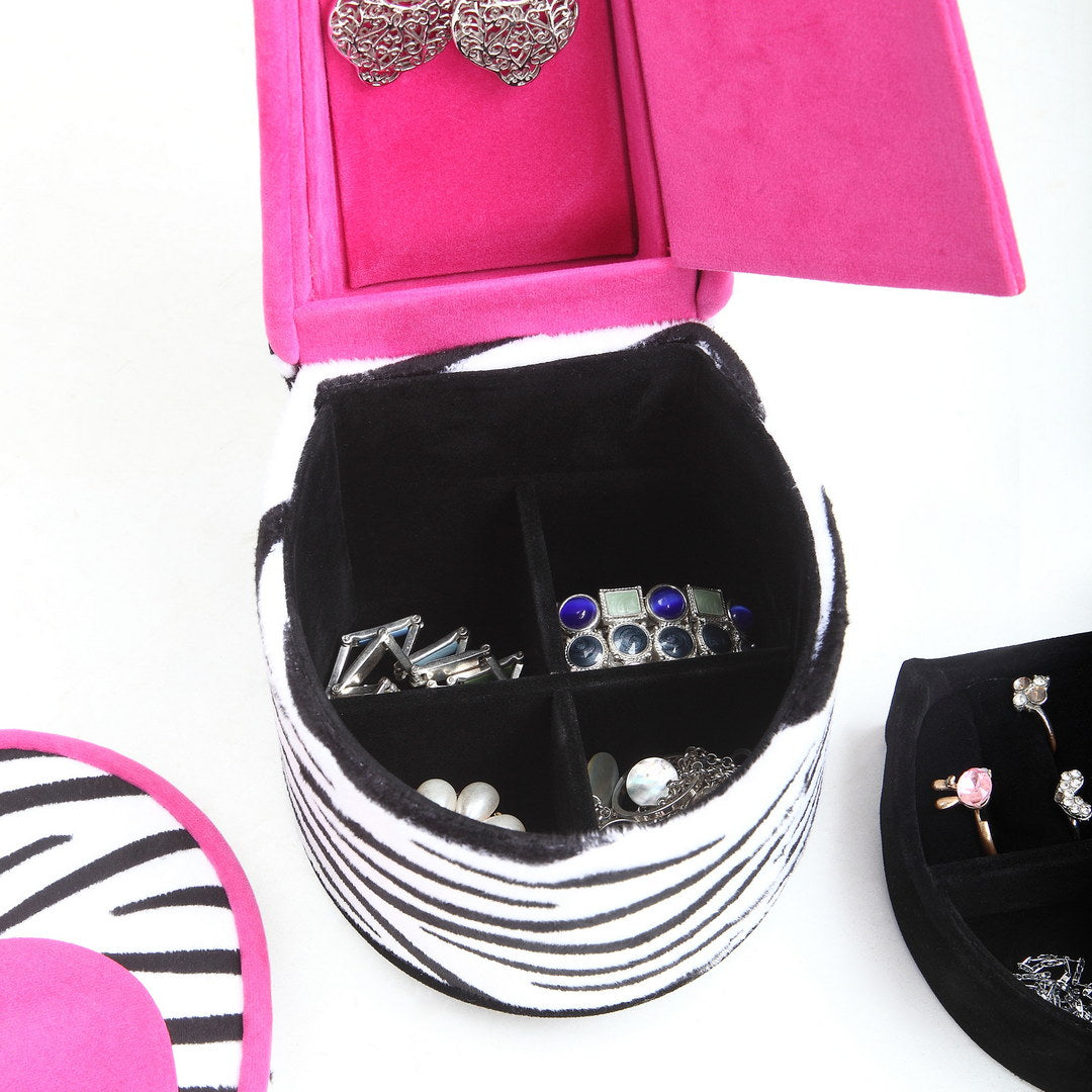 9" Tall Display Jewelry Box With Hidden Storage, High Heel Shoe Design, Zebra Print Multicolor Pu