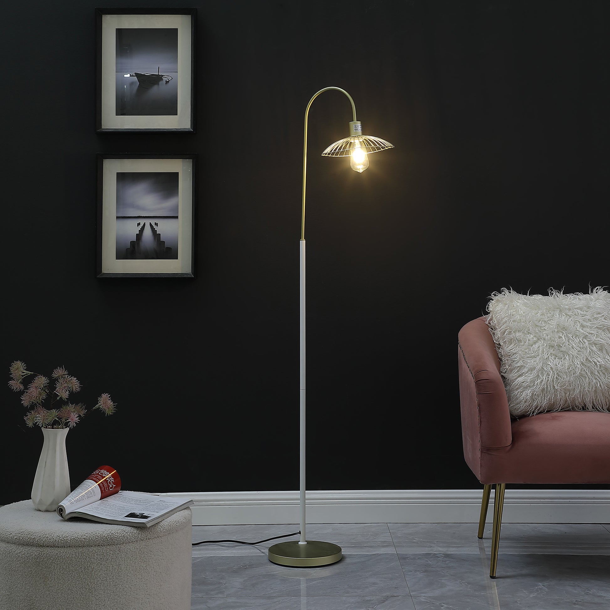 64.25" In Industrial Farm Pendant Cage Satin Matte Gold White Metal Floor Lamp Multicolor Metal