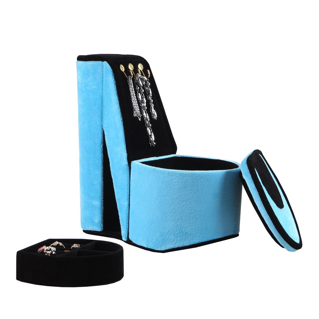 9" Tall Display Jewelry Box With Hooks, High Heel Shoe Design, Turquoise Velvet Turquoise Pu