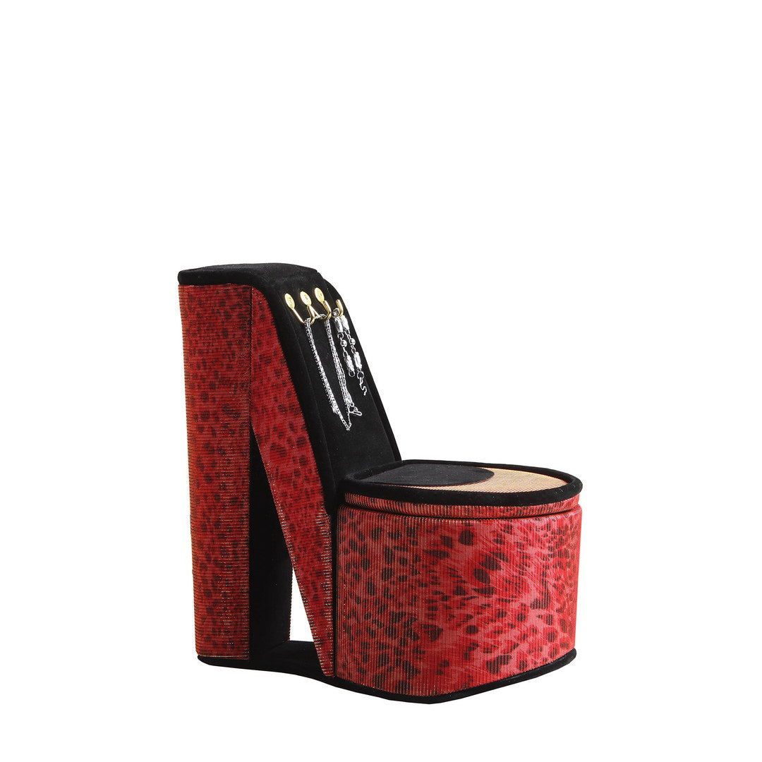 9" Tall Display Jewelry Box With Hooks, High Heel Shoe Design, Leopard Print Multicolor Pu