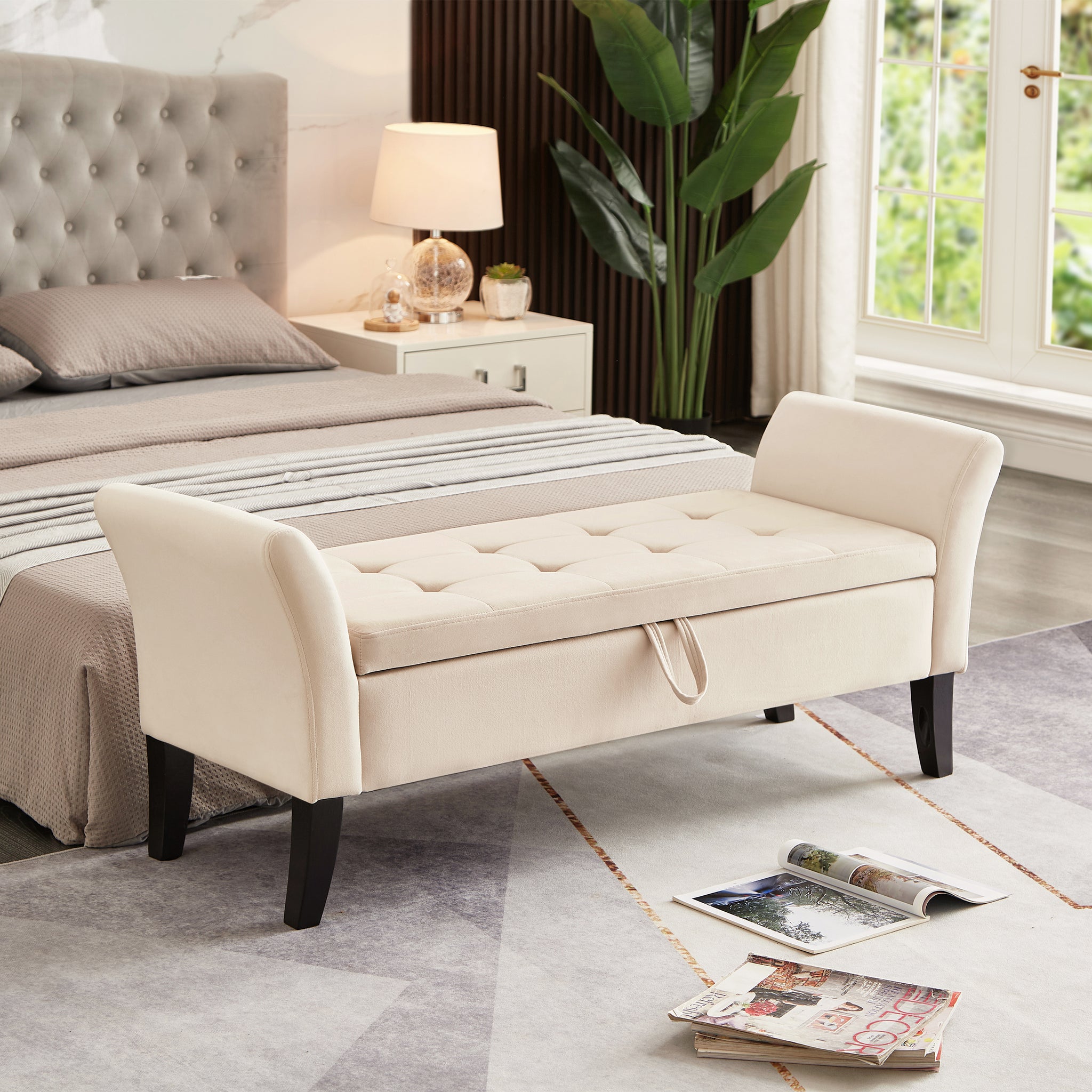 51.5" Bed Bench With Storage Beige Velvet Beige Foam Velvet