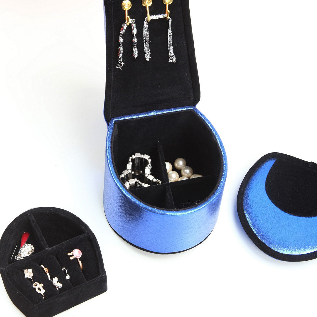 9" Tall Display Jewelry Box With Hooks, High Heel Shoe Design, Blue Velvet Blue Pu