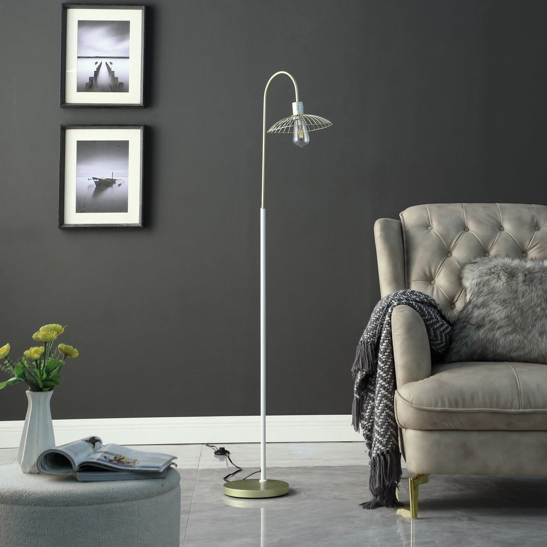 64.25" In Industrial Farm Pendant Cage Satin Matte Gold White Metal Floor Lamp Multicolor Metal