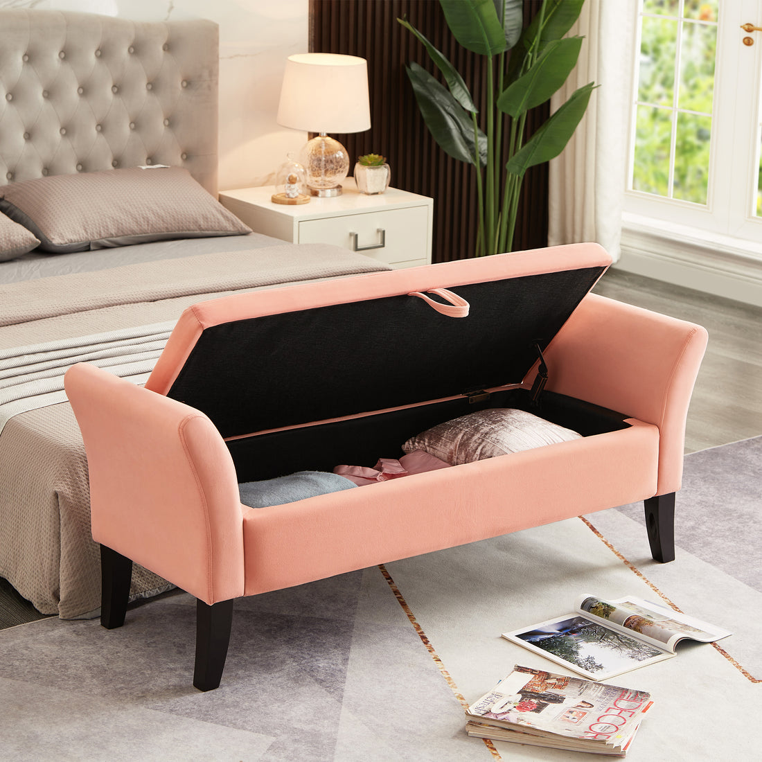 51.5" Bed Bench With Storage Pinlk Velvet Pink Foam Velvet