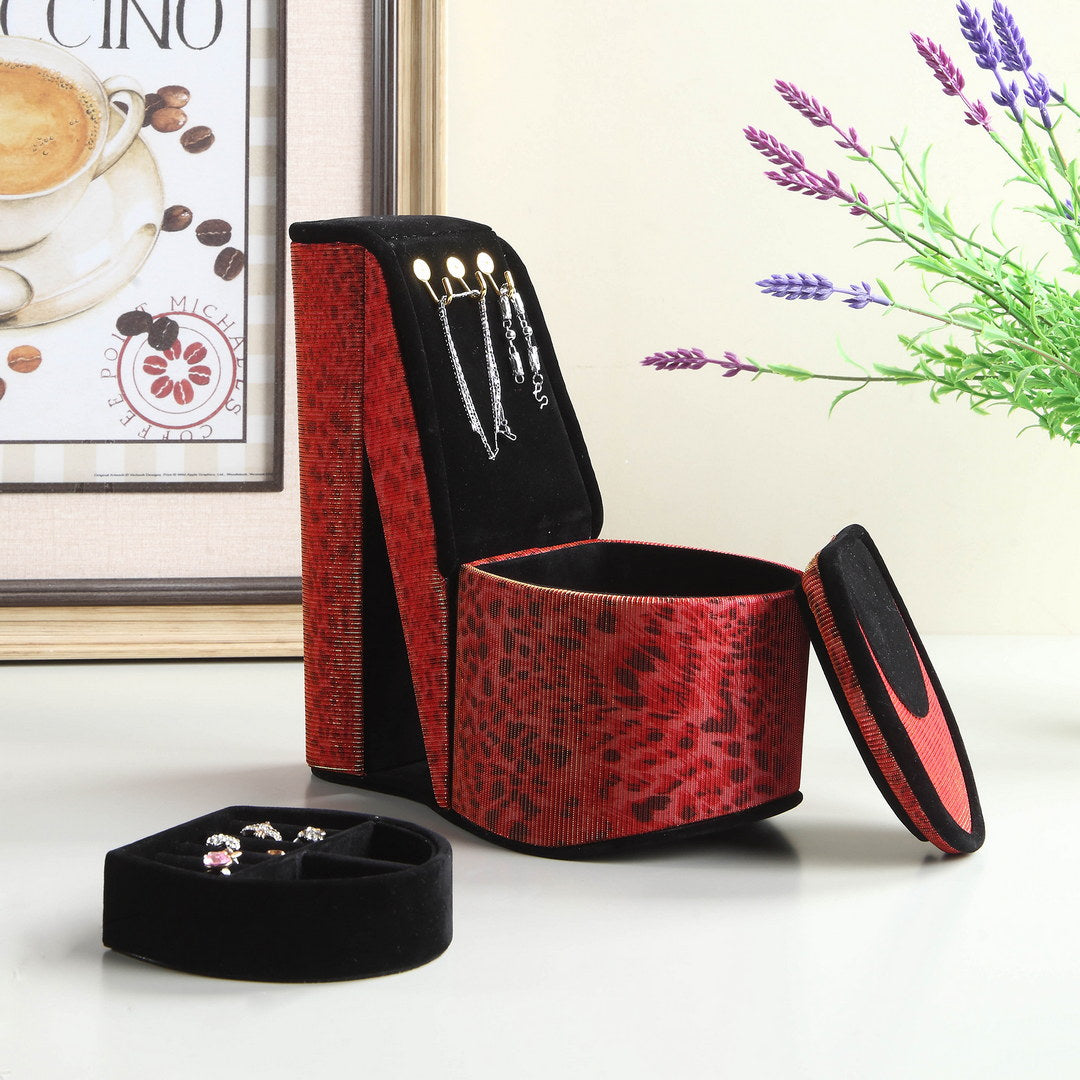 9" Tall Display Jewelry Box With Hooks, High Heel Shoe Design, Leopard Print Multicolor Pu