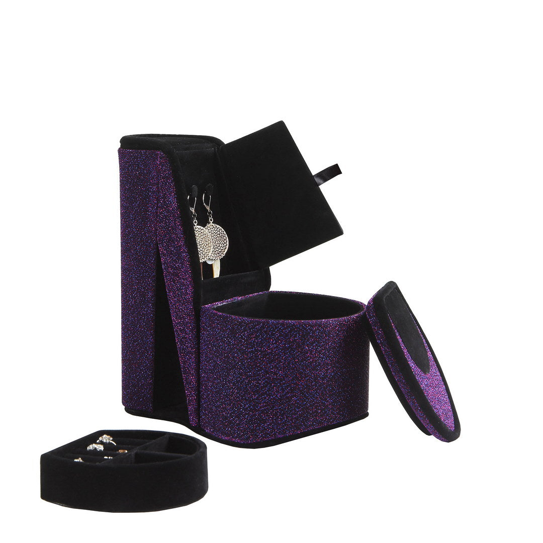 9" Tall Display Jewelry Box With Hidden Storage, High Heel Shoe Design, Purple Velvet Purple Pu