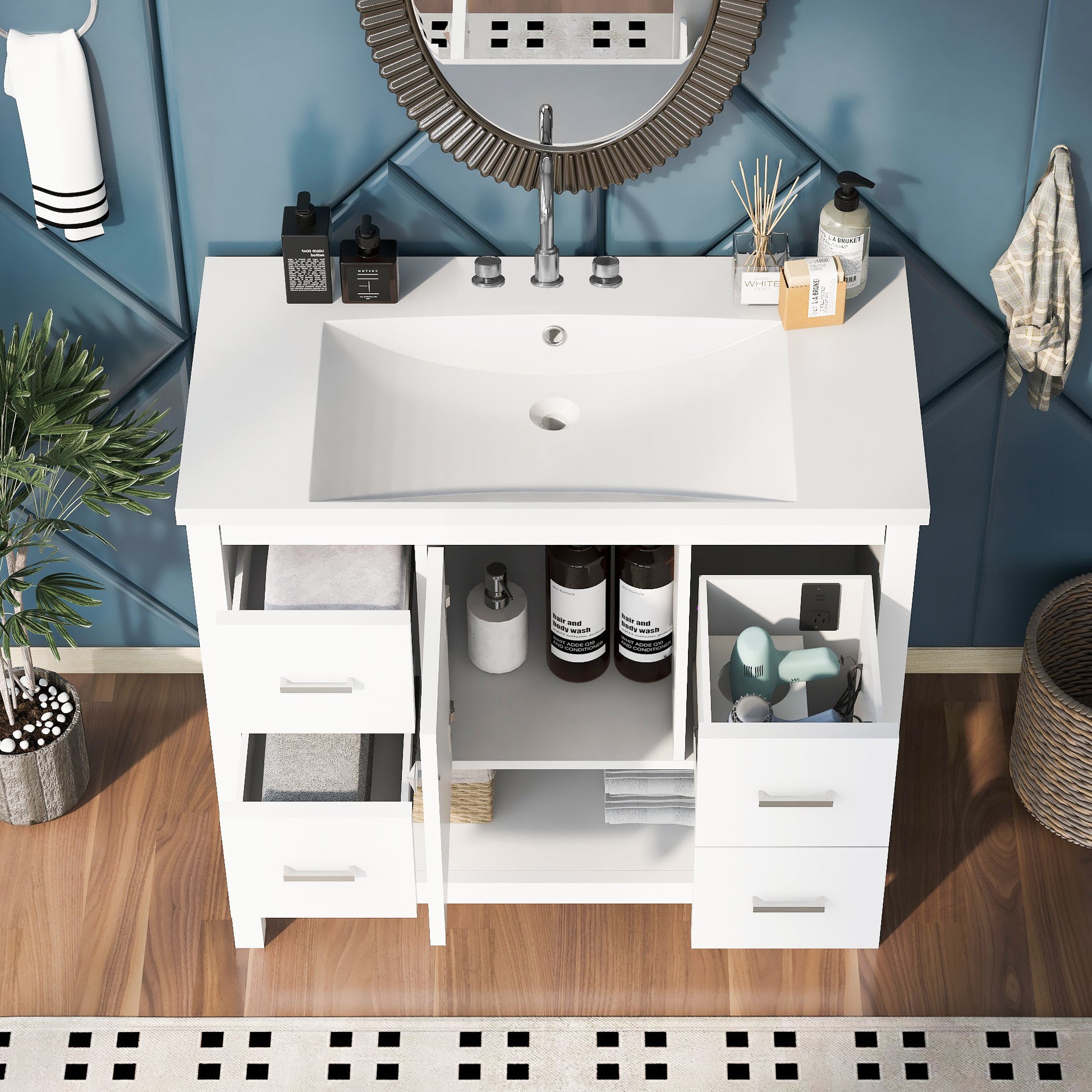 36" White Modern Bathroom Vanity With Usb,Two Shallow Drawers, One Deep Drawer,One Door,Single Resin Sink,Small Bathroom Organization Cabinet White Solid Wood Mdf Resin