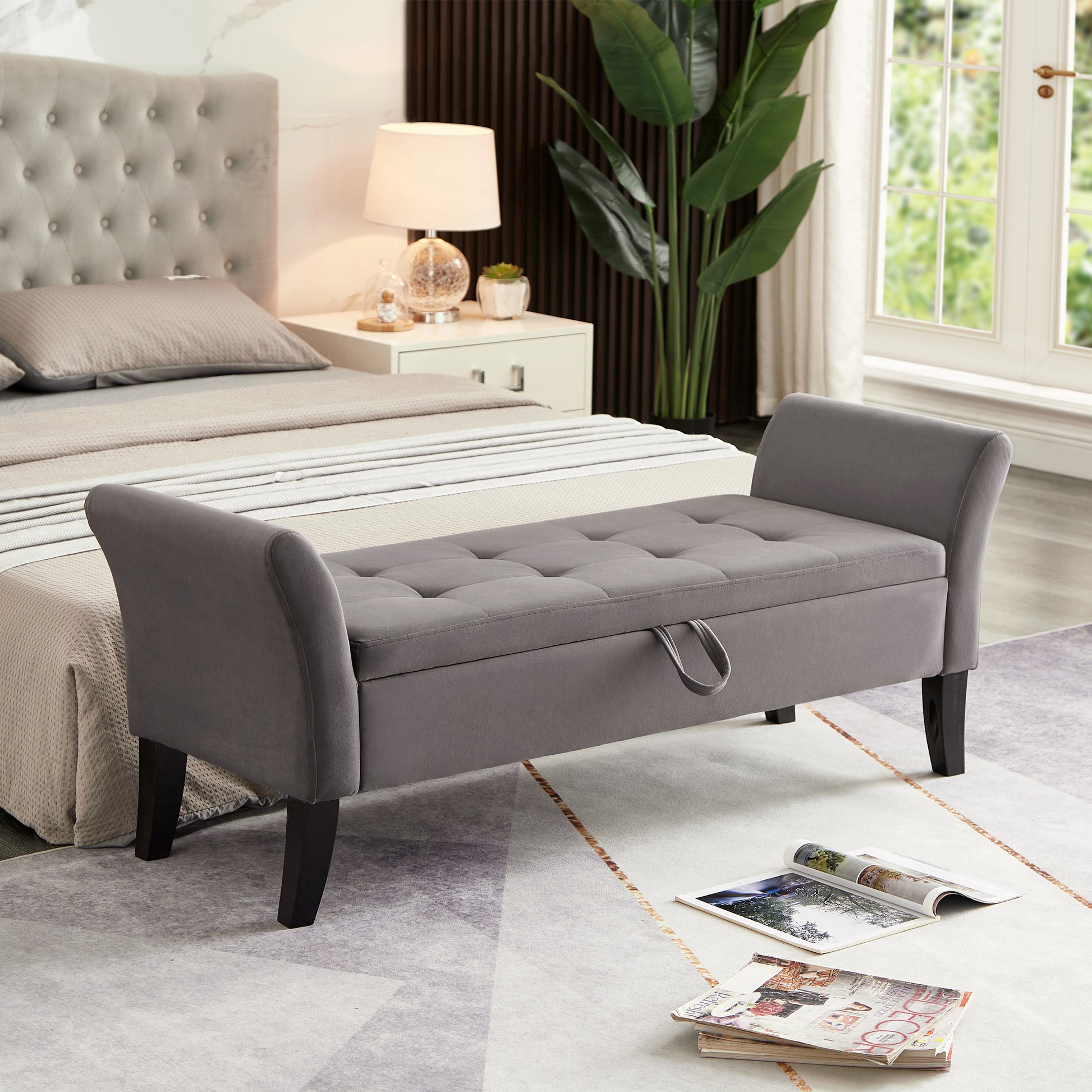 51.5" Bed Bench With Storage Grey Velvet Grey Foam Velvet