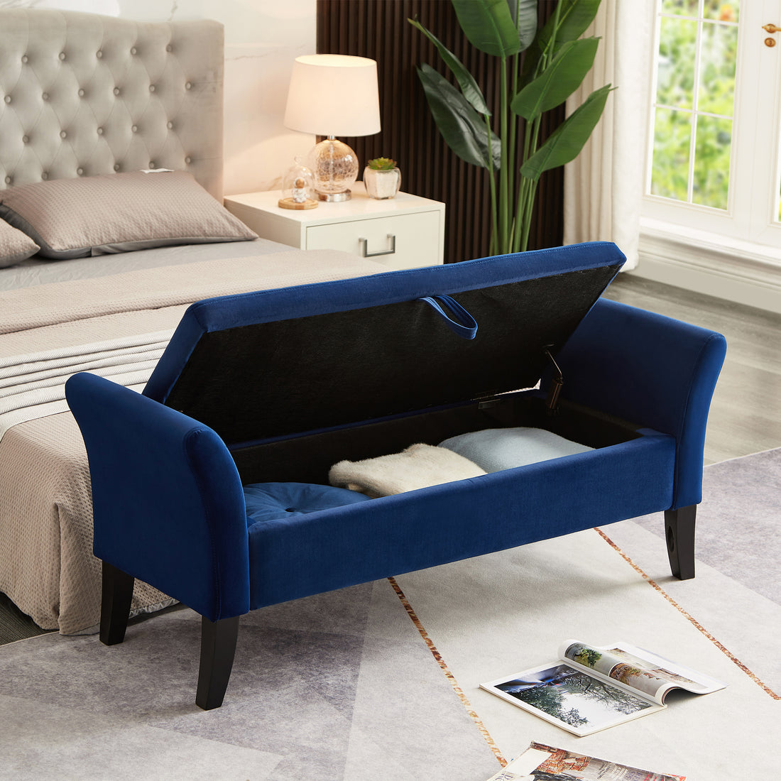 51.5" Bed Bench With Storage Navy Blue Velvet Navy Blue Foam Velvet