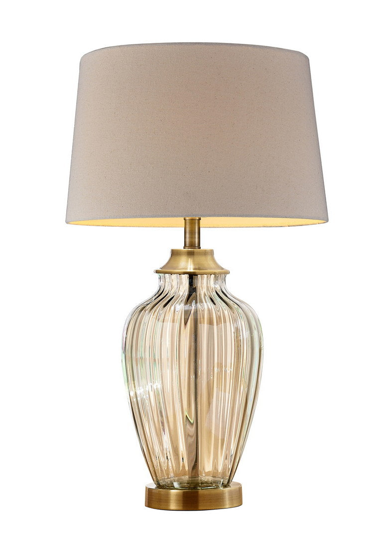 28.5" Tall Glass Table Lamp "Golden Gaze" With Antique Bronze Finish, Linen Shade Champagne Glass