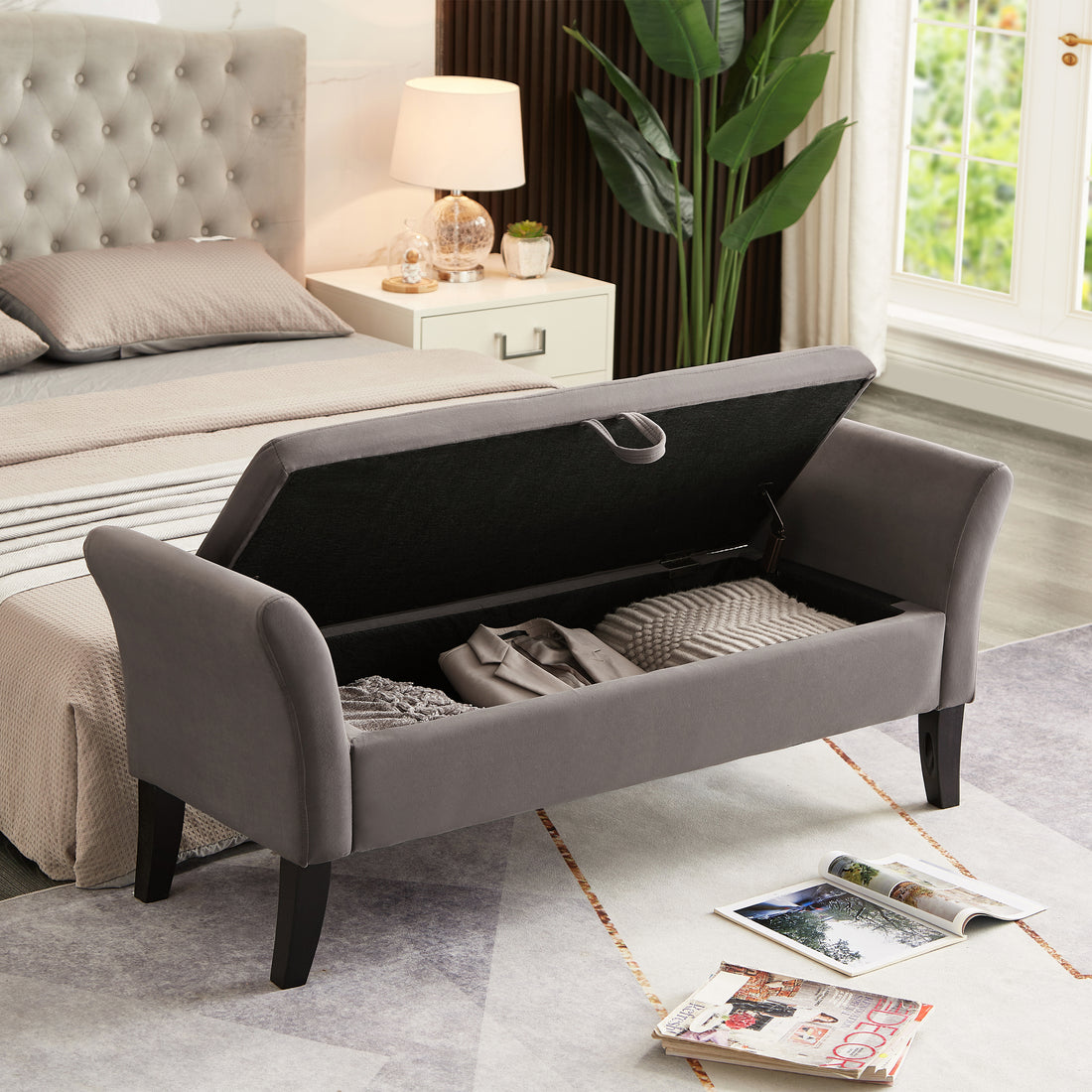 51.5" Bed Bench With Storage Grey Velvet Grey Foam Velvet